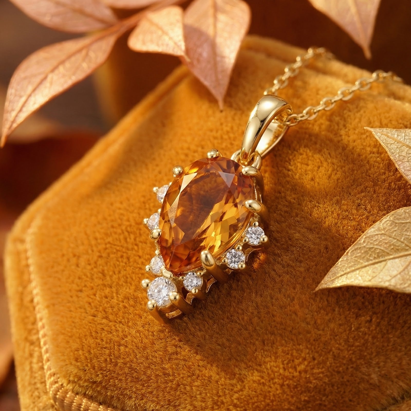 The Calyssie pear-cut simulated topaz necklace in 18K gold vermeil styled on a velvet box with autumn leaves.