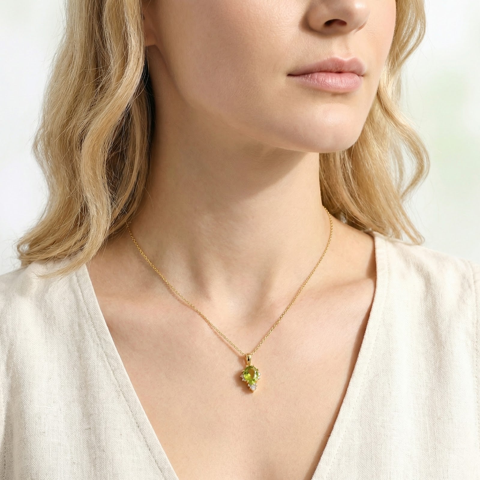Model wearing the August birthstone teardrop necklace in 18K gold vermeil, showing the pendant's scale on the neck.