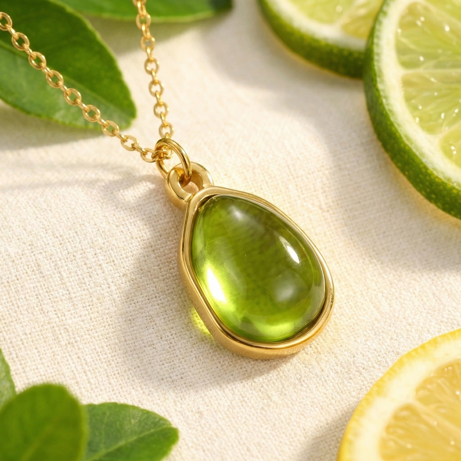 Gold-finished stainless steel necklace with a smooth teardrop simulated peridot stone, styled with fresh lime slices.
