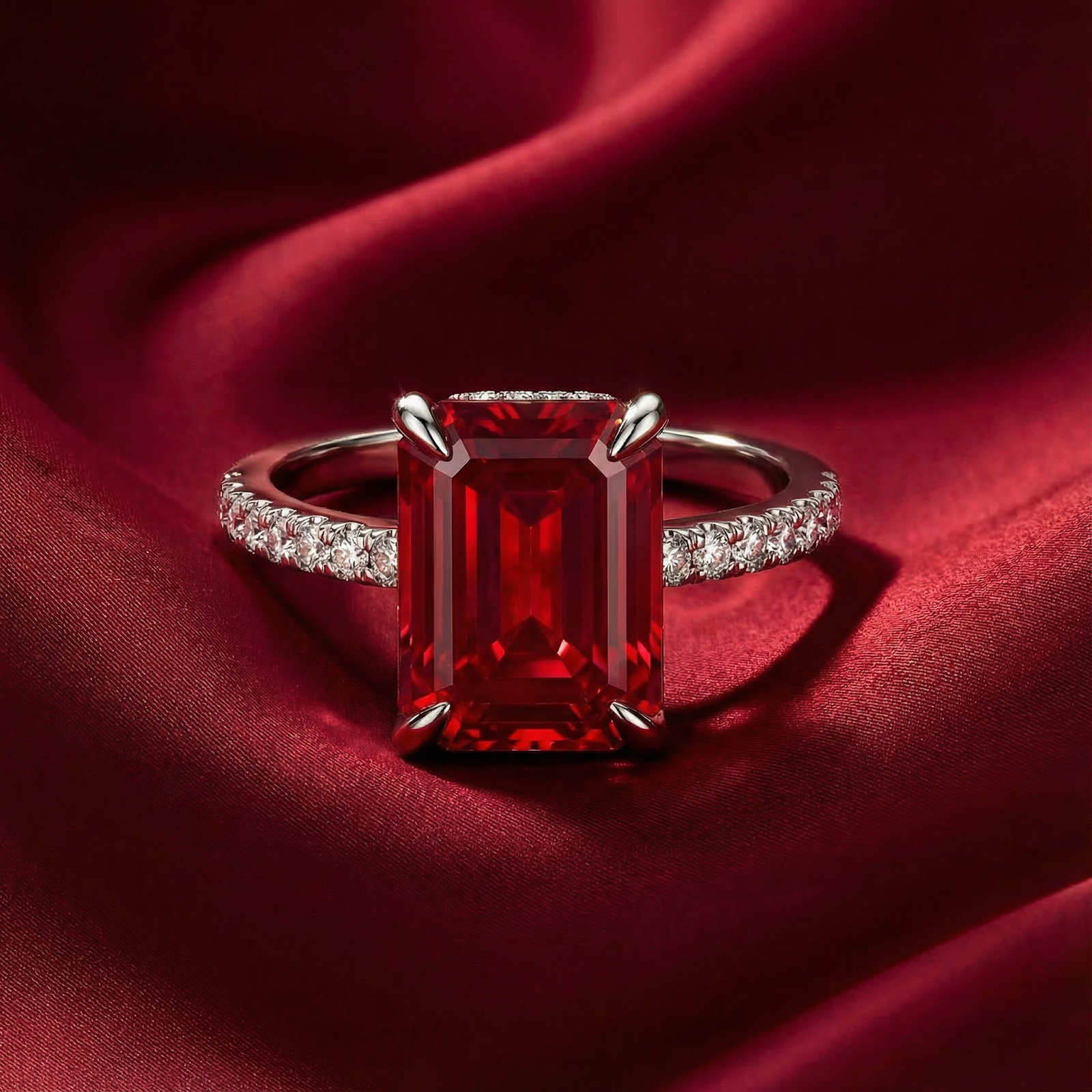 Emerald cut simulated ruby ring in S925 sterling silver displayed on a red silk background.
