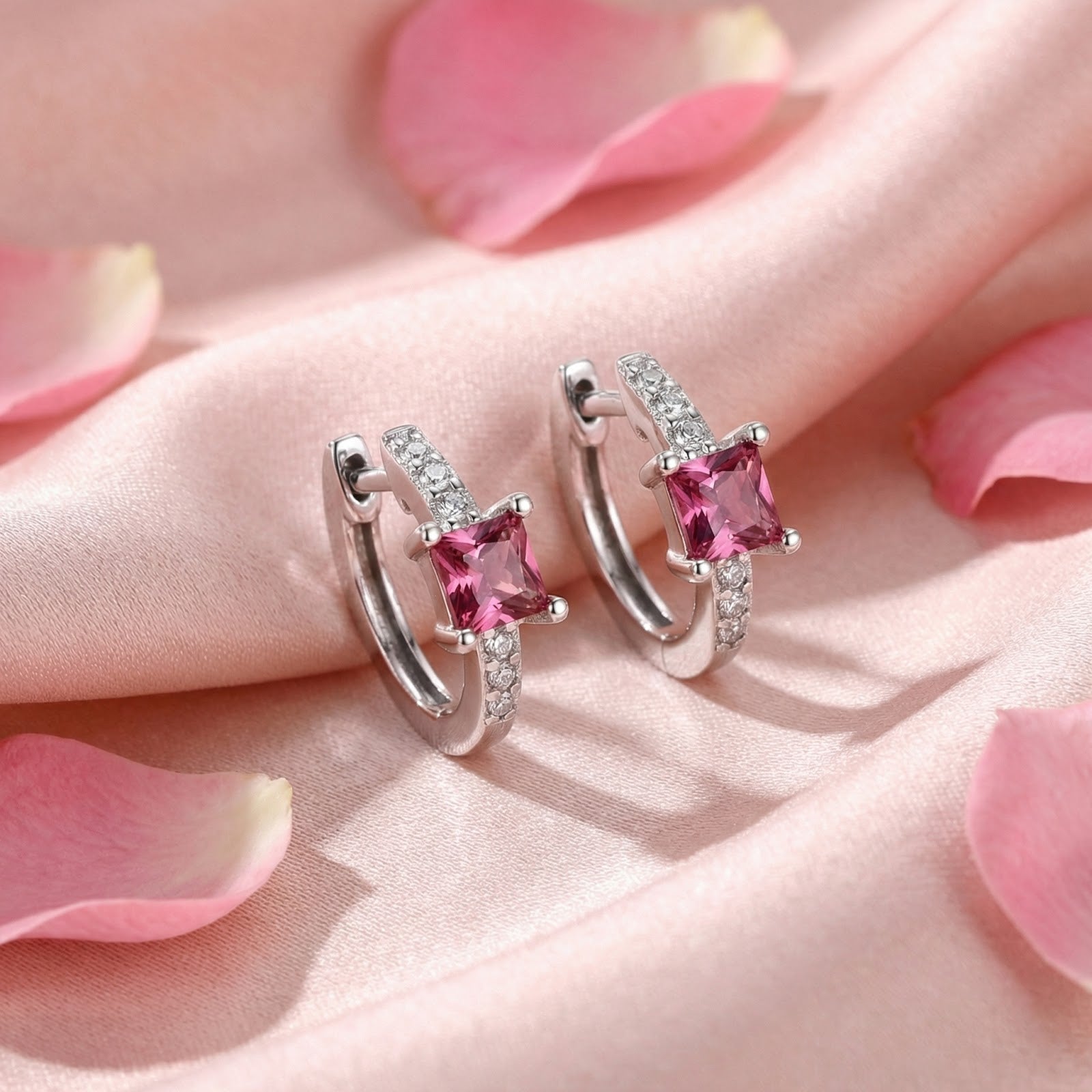 Nerine square-cut pink tourmaline huggie earrings in S925 sterling silver on pink silk with rose petals.