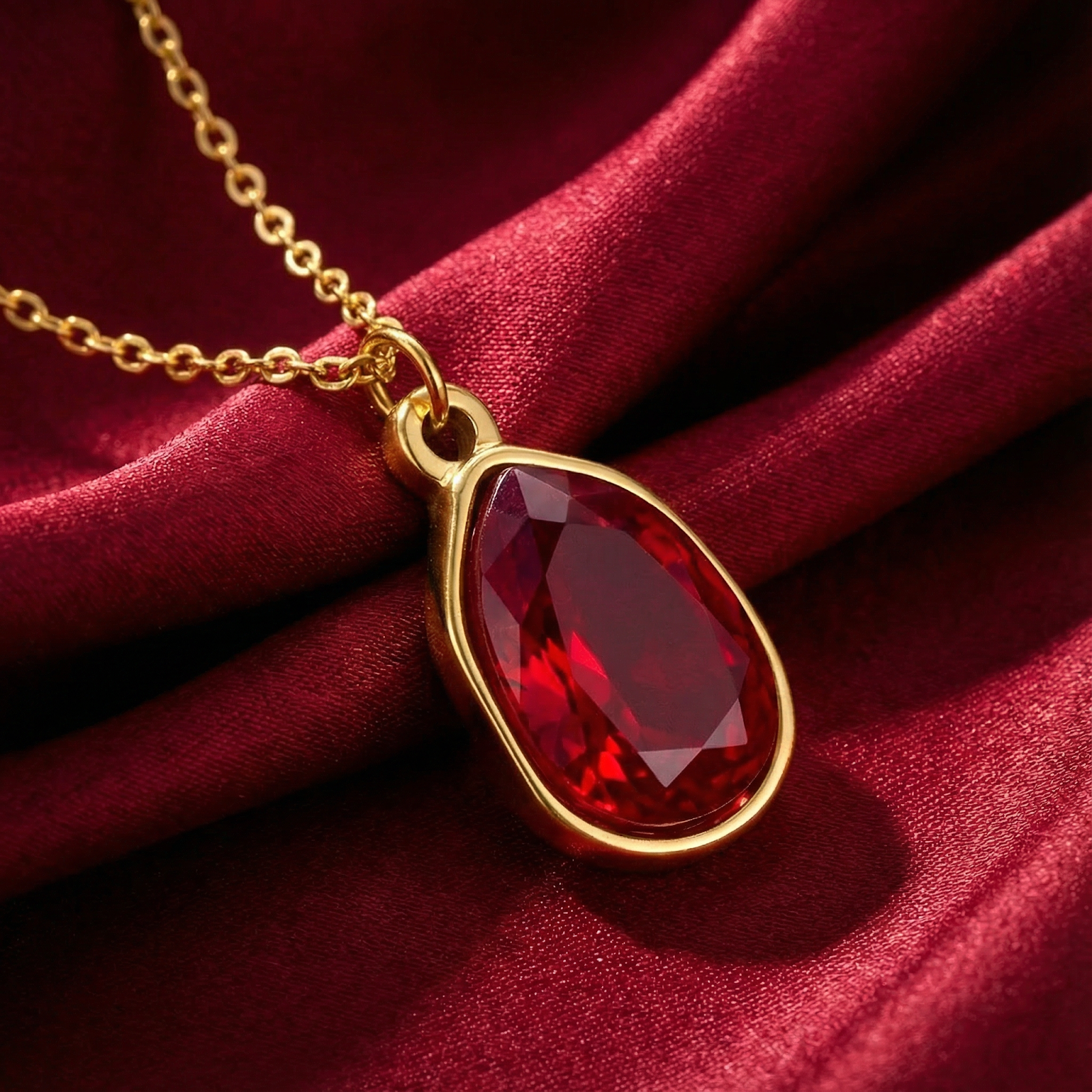 Faceted pear cut simulated ruby necklace in gold-toned stainless steel on a red silk background.
