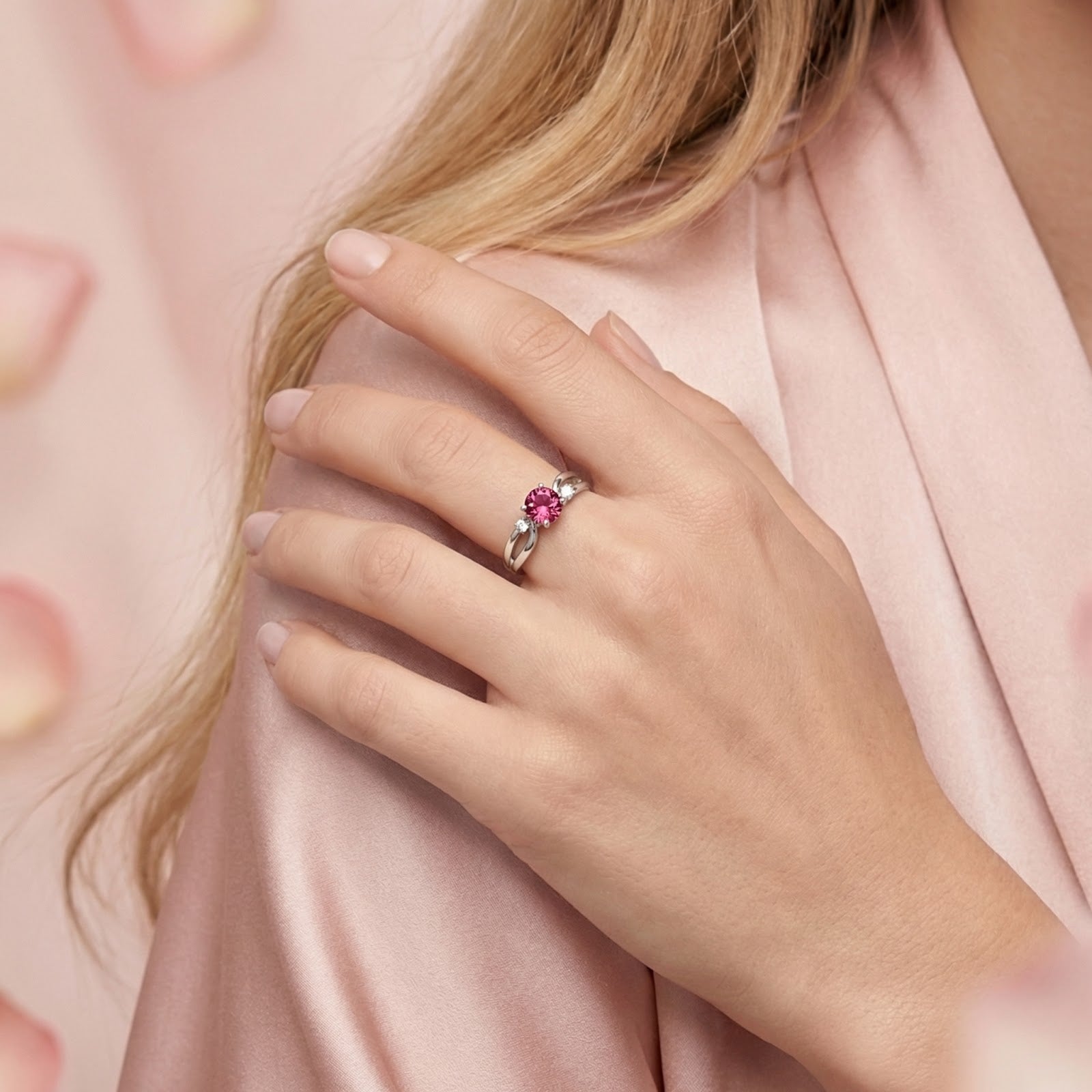 Model wearing the Elisanthe S925 sterling silver twist ring with a round pink tourmaline on her ring finger.