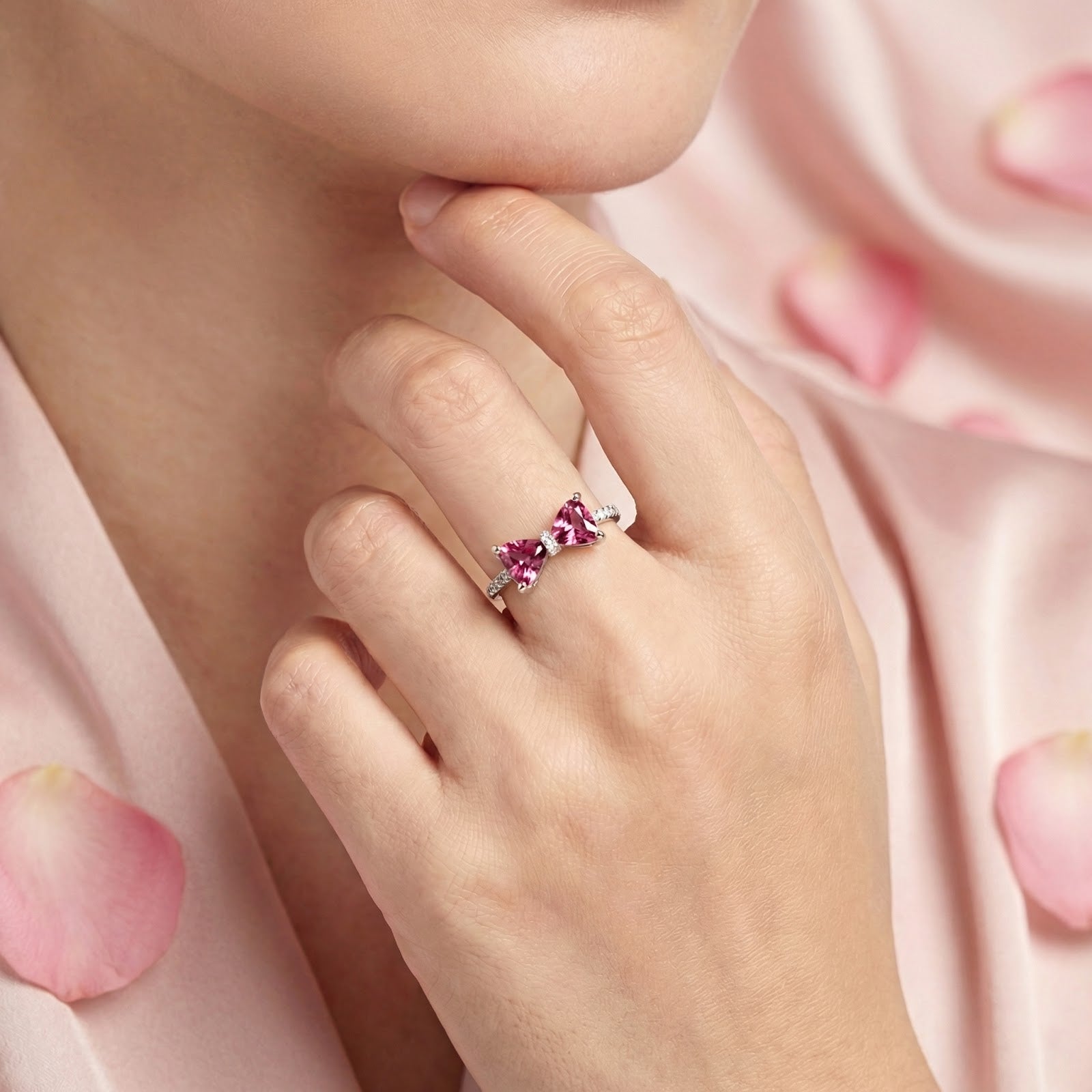 Model wearing the Iselisse pink tourmaline bow ring in sterling silver on her ring finger.