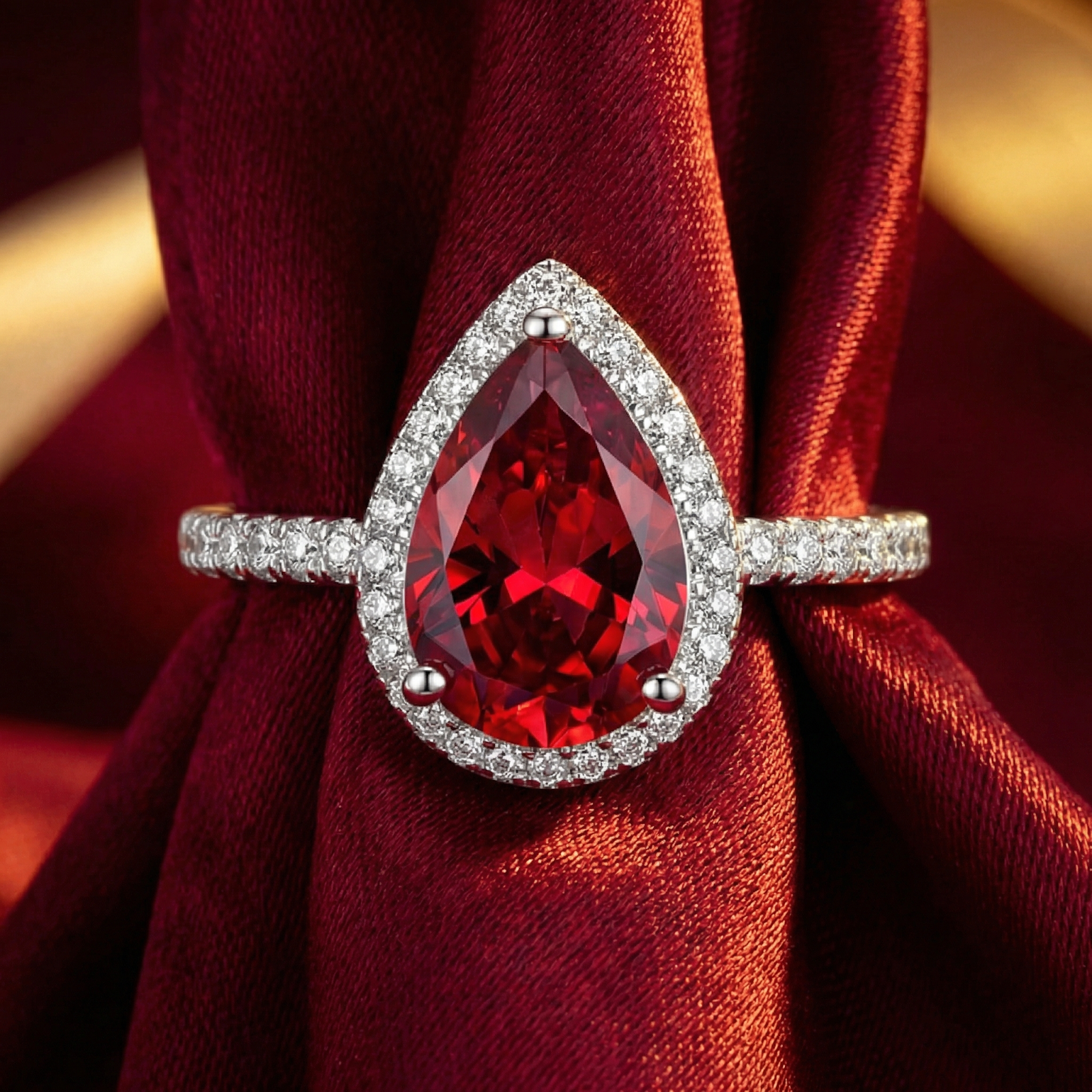 Macro view of a pigeon blood red pear-cut simulated ruby halo ring in S925 sterling silver.