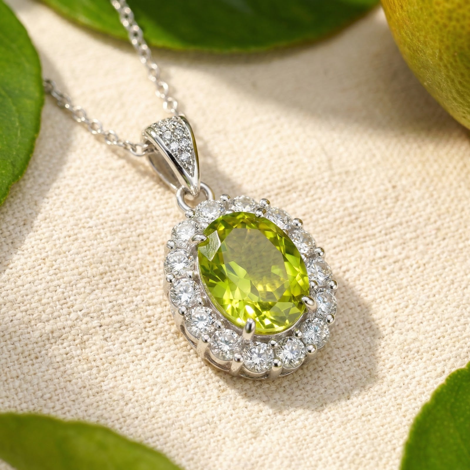 Lifestyle shot of the sterling silver oval peridot halo necklace on fabric with fresh lime slices and leaves.