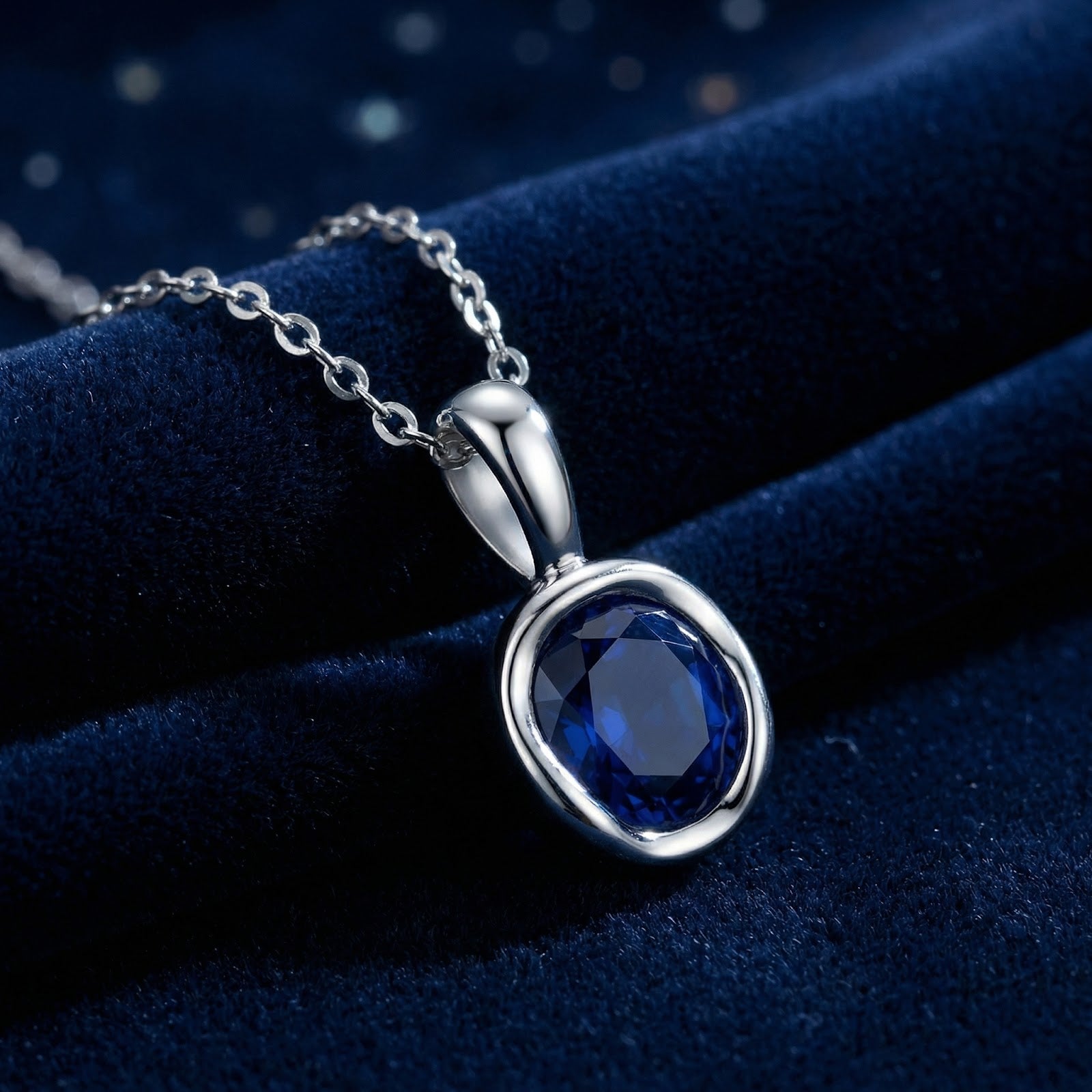 Side view of a round simulated blue sapphire necklace in a sterling silver bezel setting on blue fabric.