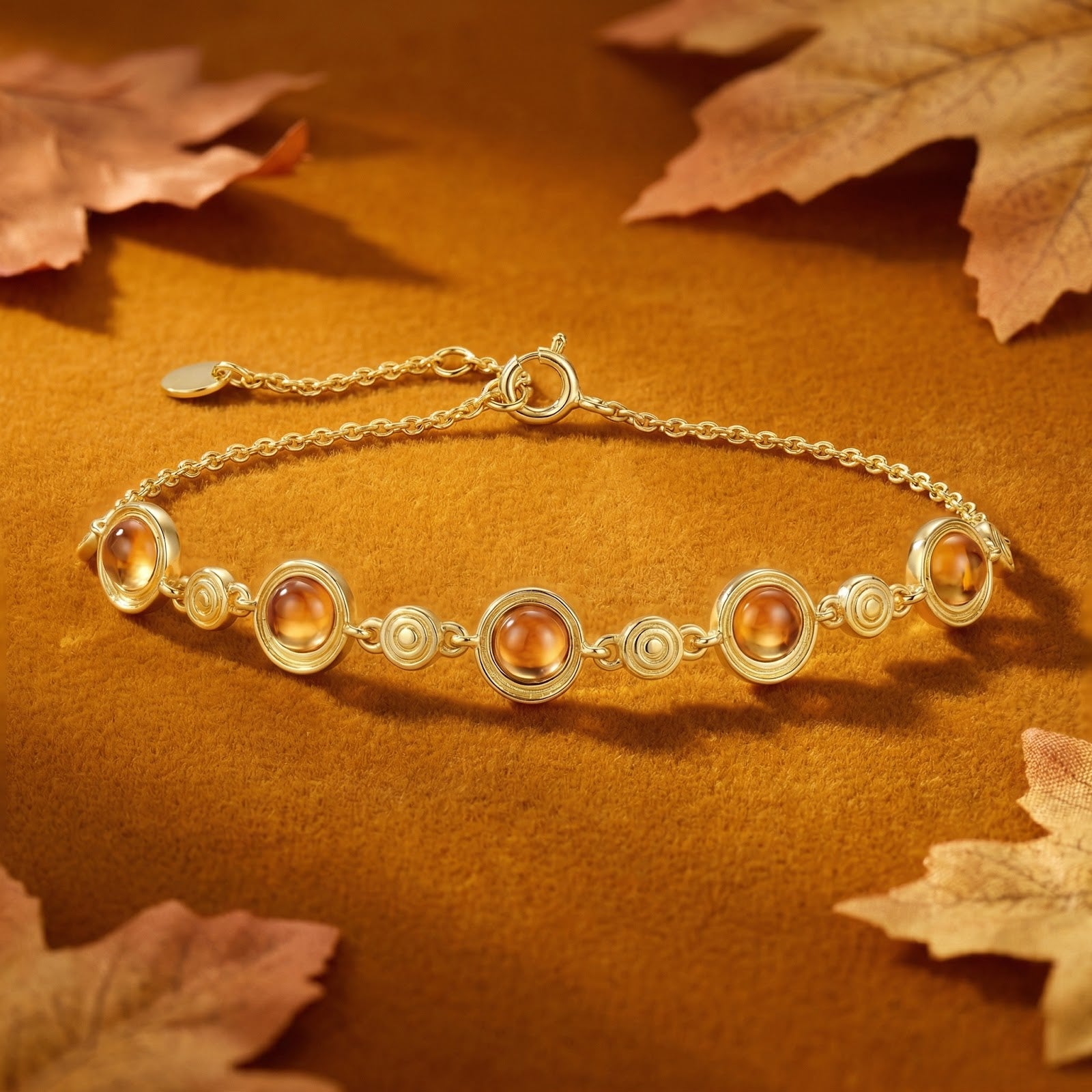 18K gold vermeil November birthstone station bracelet with simulated topaz stones laid on an autumn background.