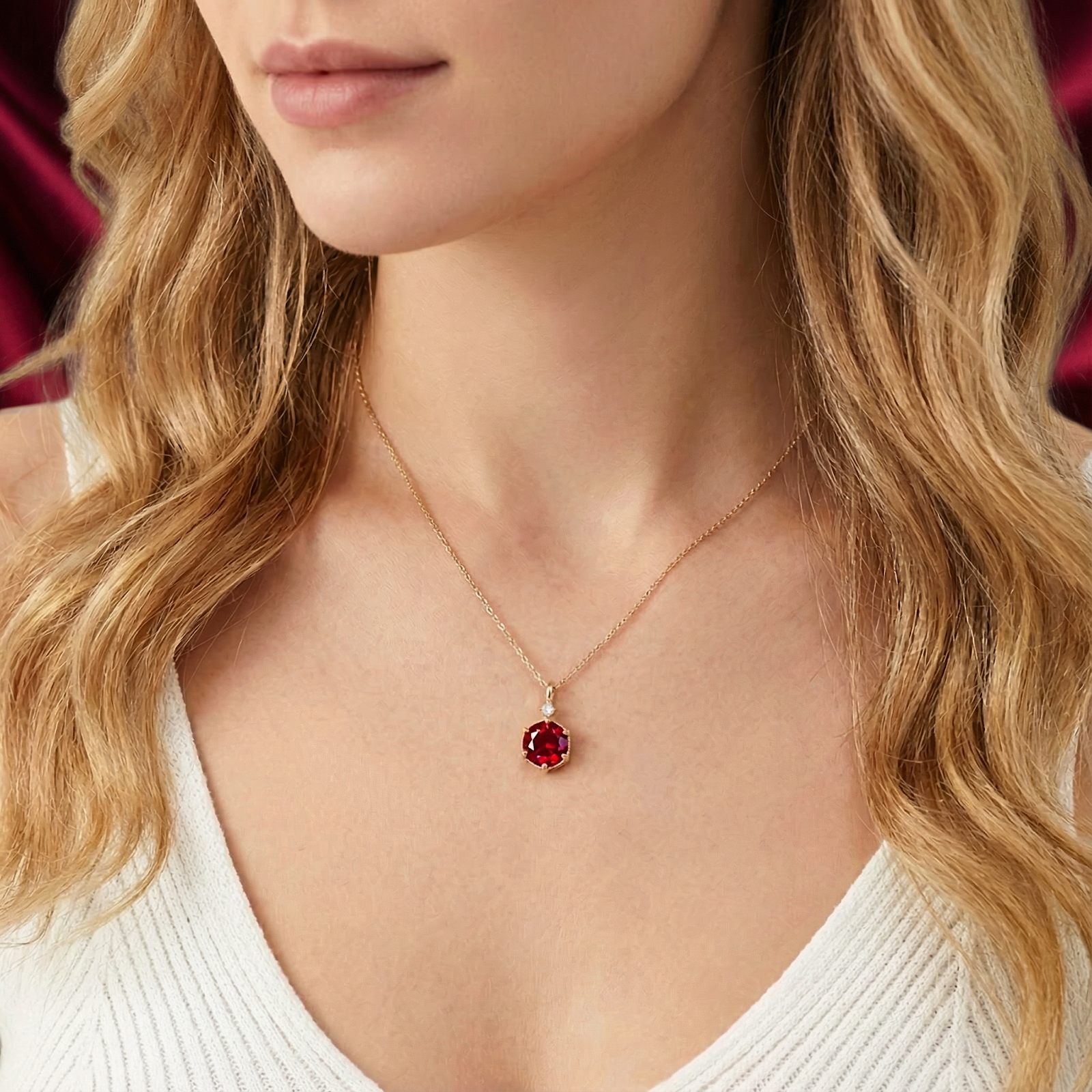 Model wearing the Aris Hex 18K gold vermeil necklace with a red simulated ruby pendant.