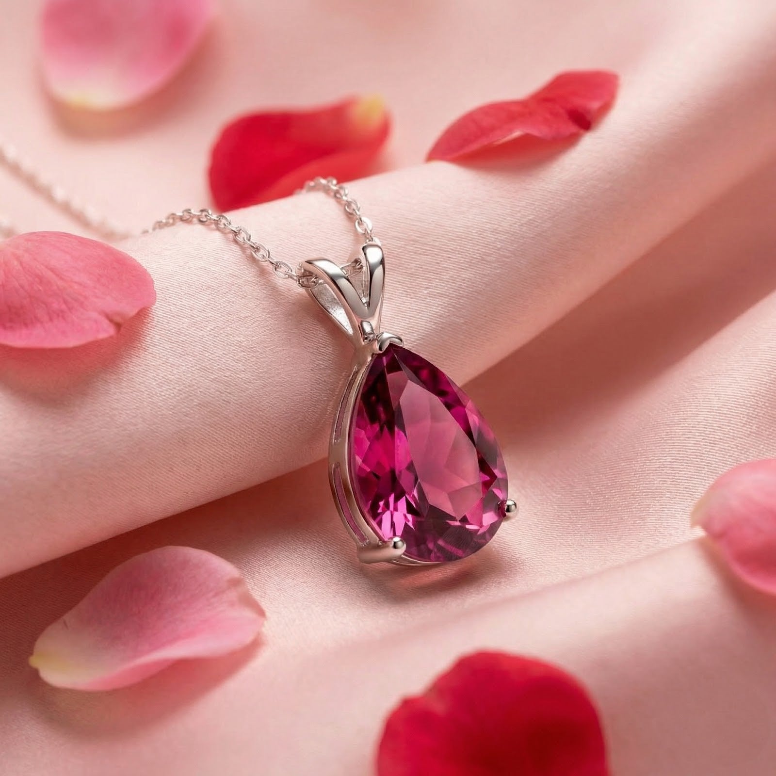 Pear-cut simulated pink tourmaline necklace in sterling silver on pink silk with rose petals.