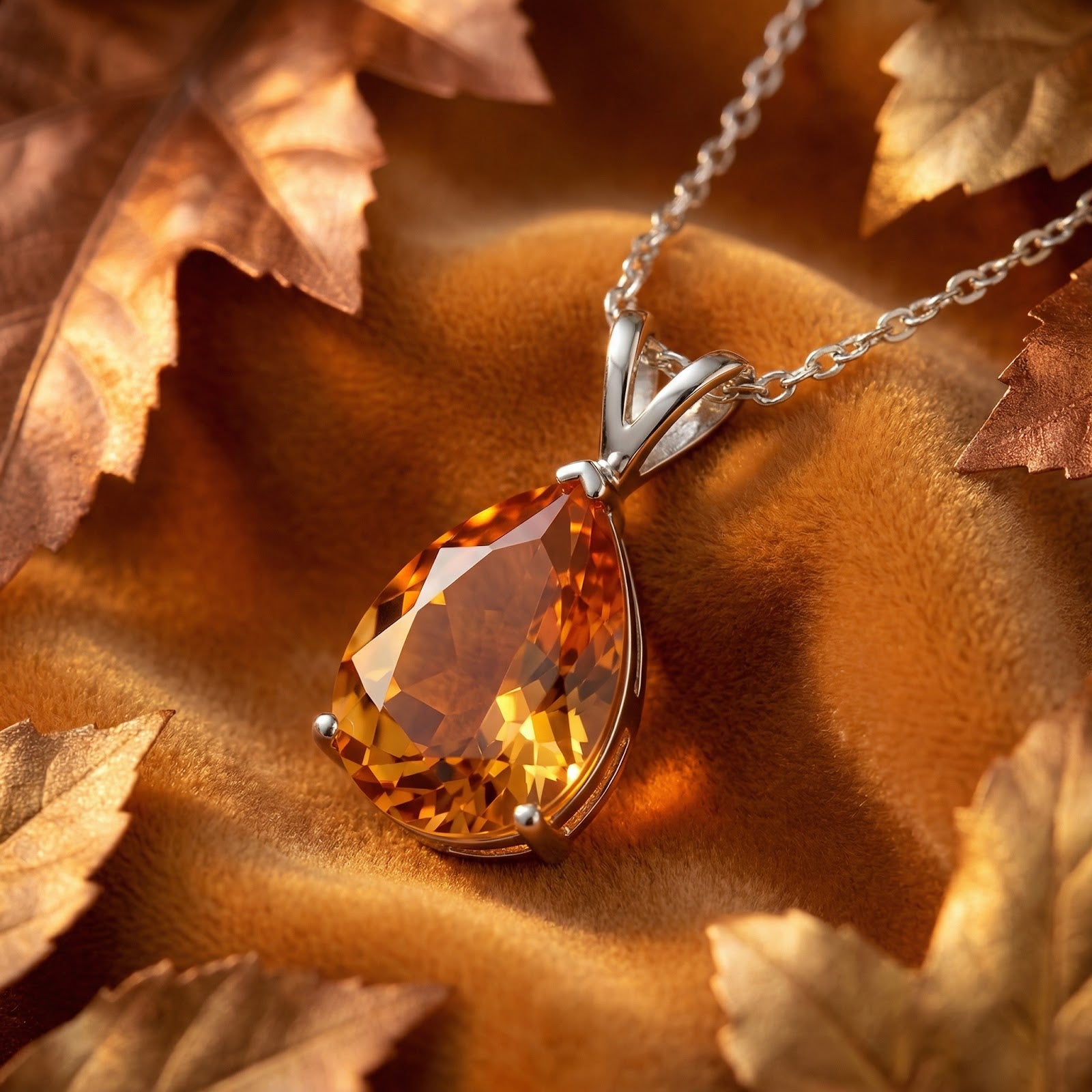 Close-up of a 1.5CT pear-cut honey moissanite pendant in a sterling silver V-bale solitaire setting.