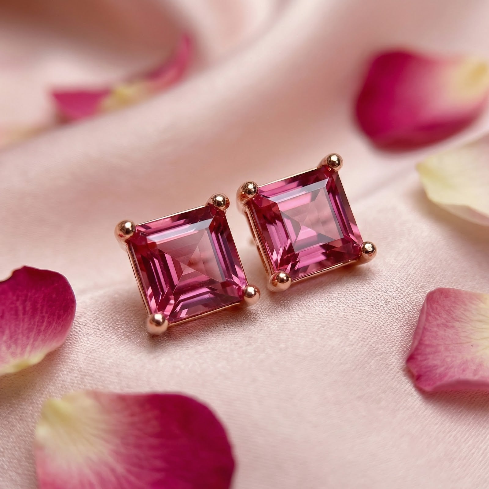 Macro view of square cut pink tourmaline stud earrings in rose gold vermeil settings on soft pink fabric.