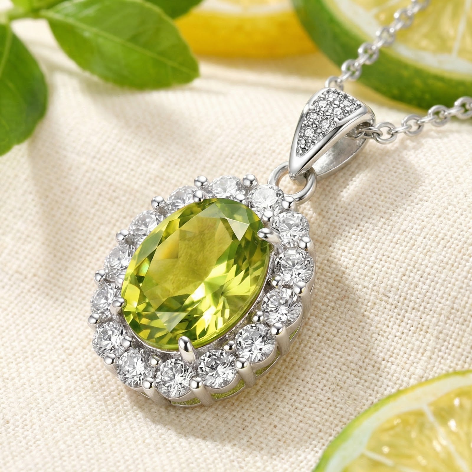 Macro view of the oval simulated peridot and cubic zirconia halo pendant in sterling silver with lime accents.