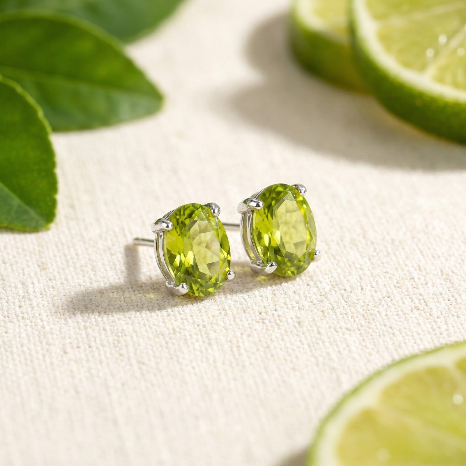 Angled view of oval-cut simulated peridot stud earrings in S925 sterling silver on a surface with lime slices.