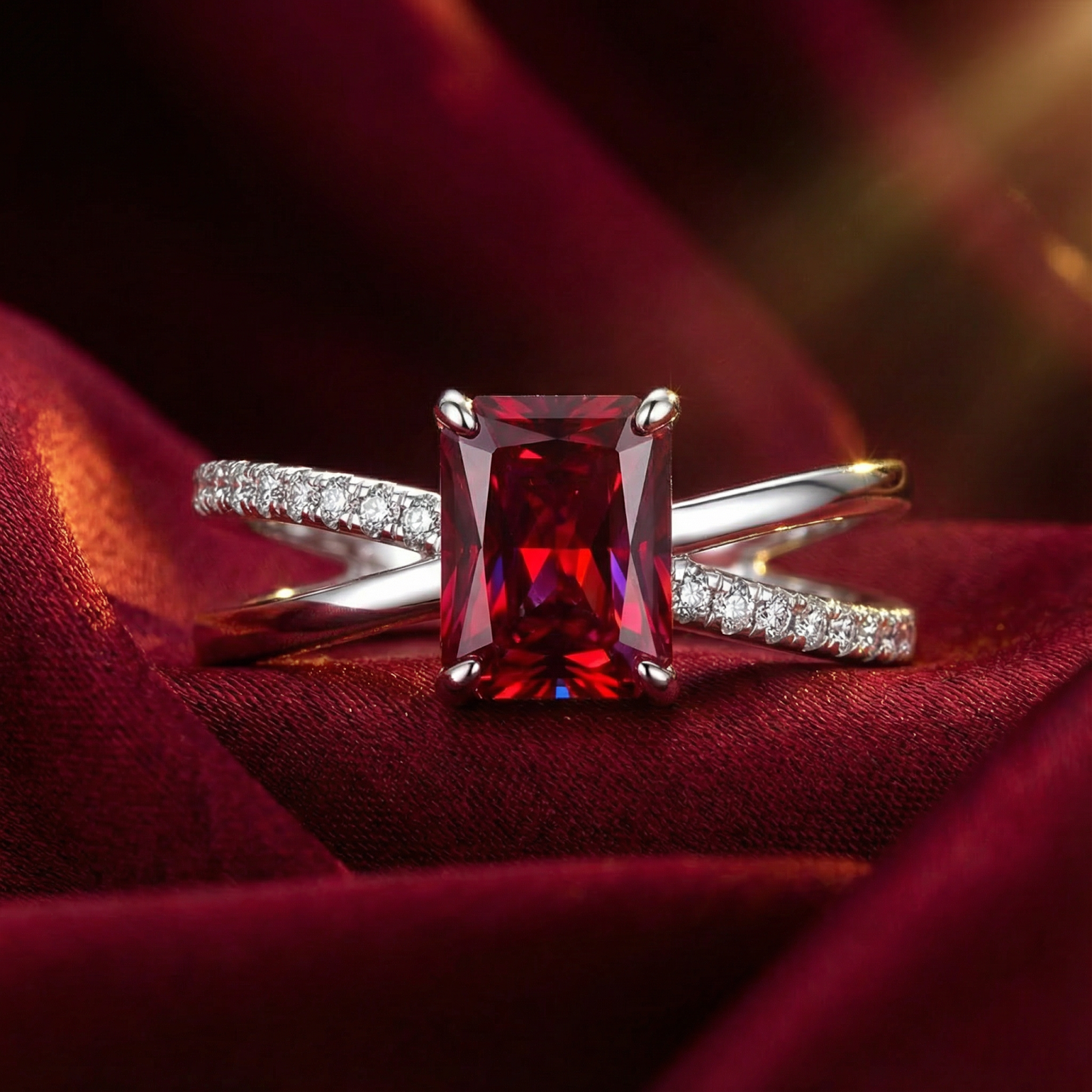 Radiant cut simulated ruby ring in S925 sterling silver with a pavé crossover band on red silk.