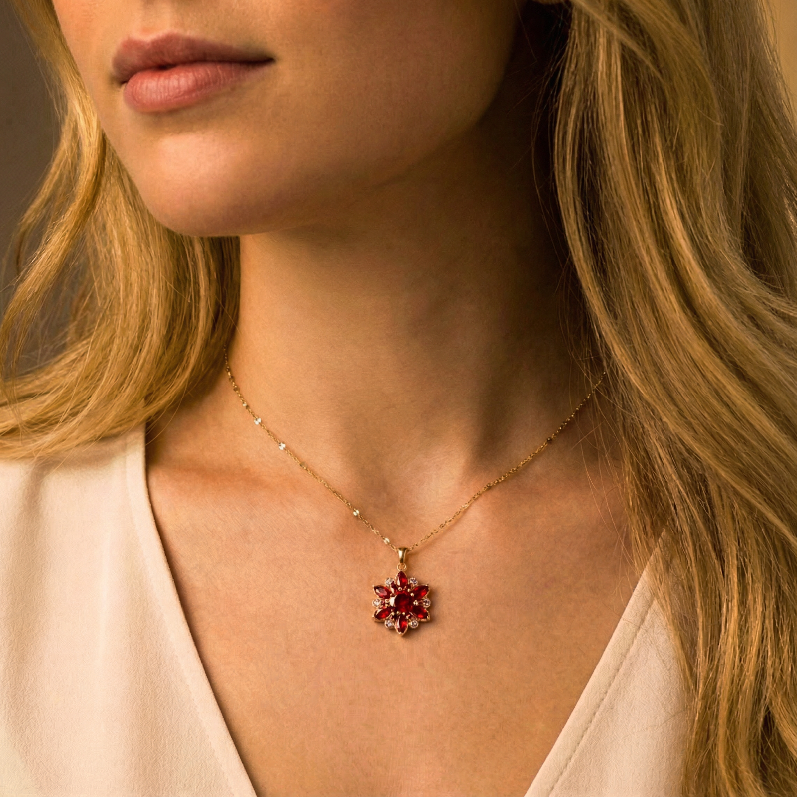 Model wearing the gold stainless steel Marillia Blossom necklace with red simulated ruby stones.