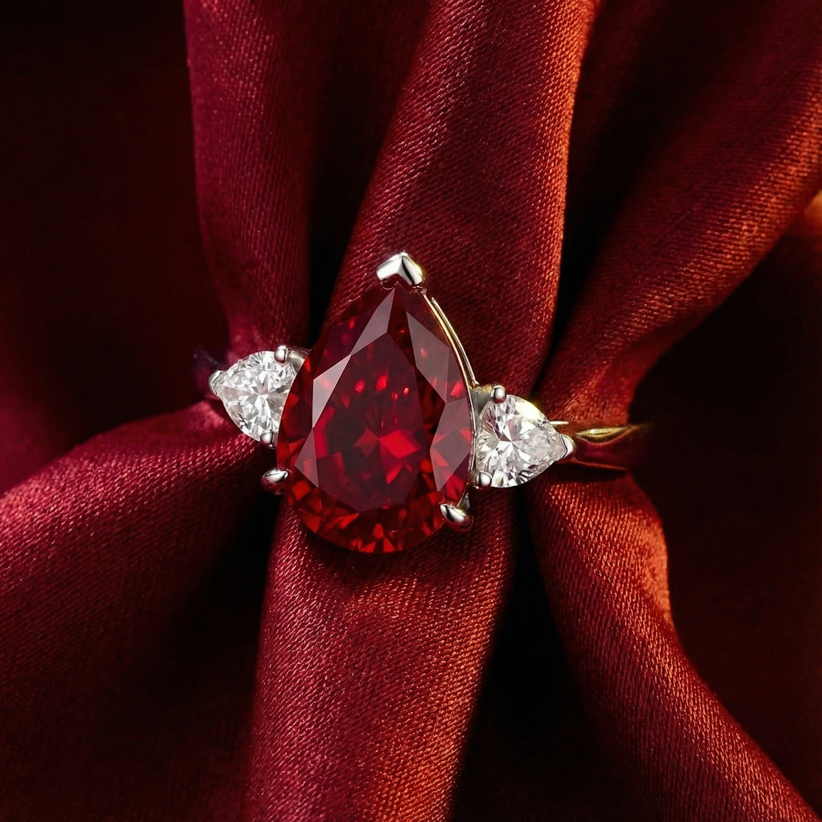 Macro view of the pear-cut simulated ruby ring in sterling silver nestled in red silk.