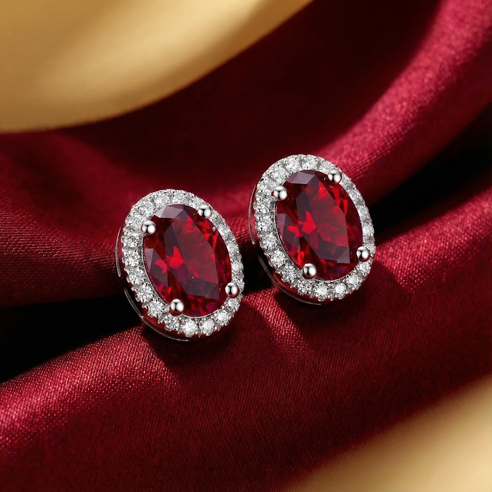 Oval simulated ruby halo stud earrings in S925 sterling silver resting on red satin fabric.