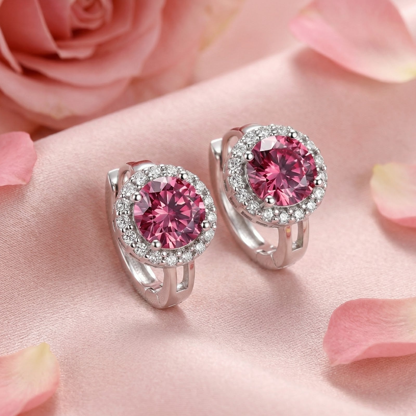 Round pink moissanite halo stud earrings in sterling silver styled on pink satin fabric with rose petals.