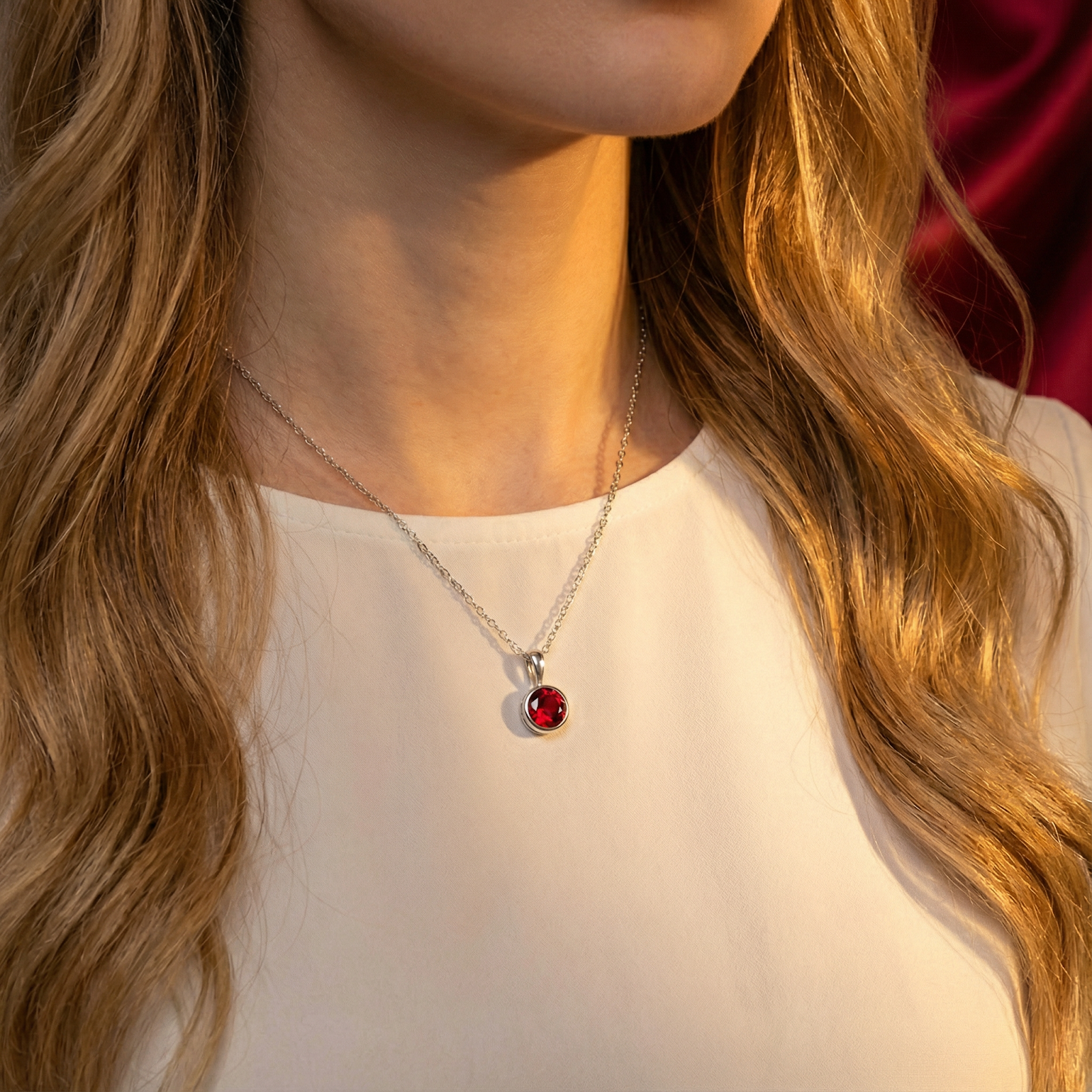 Model wearing the Jularise sterling silver necklace with a round pigeon blood red simulated ruby.