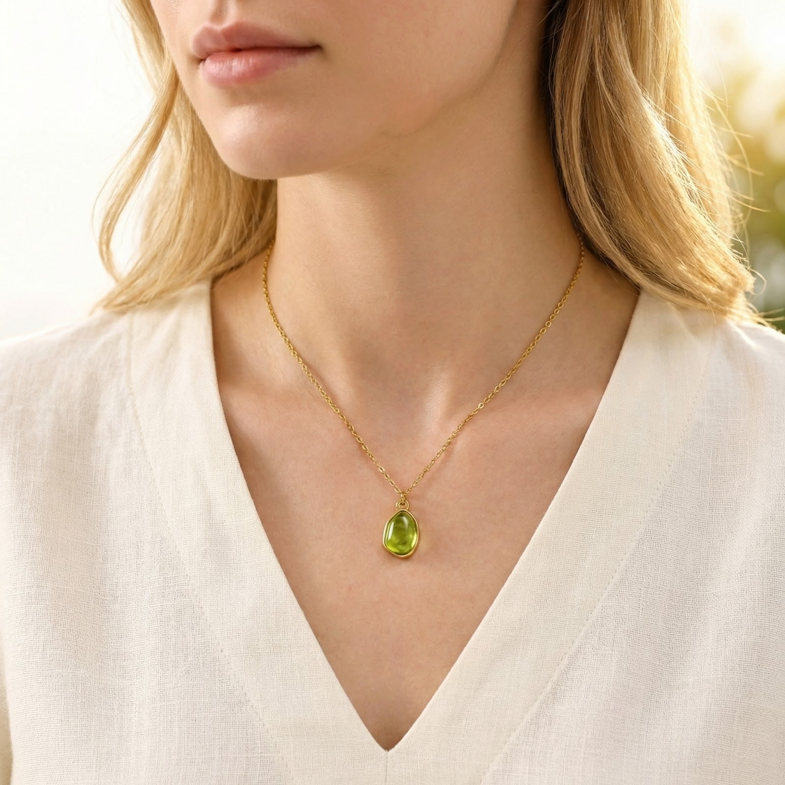 Woman wearing the gold-finished stainless steel teardrop necklace with a smooth green simulated peridot on a white top.