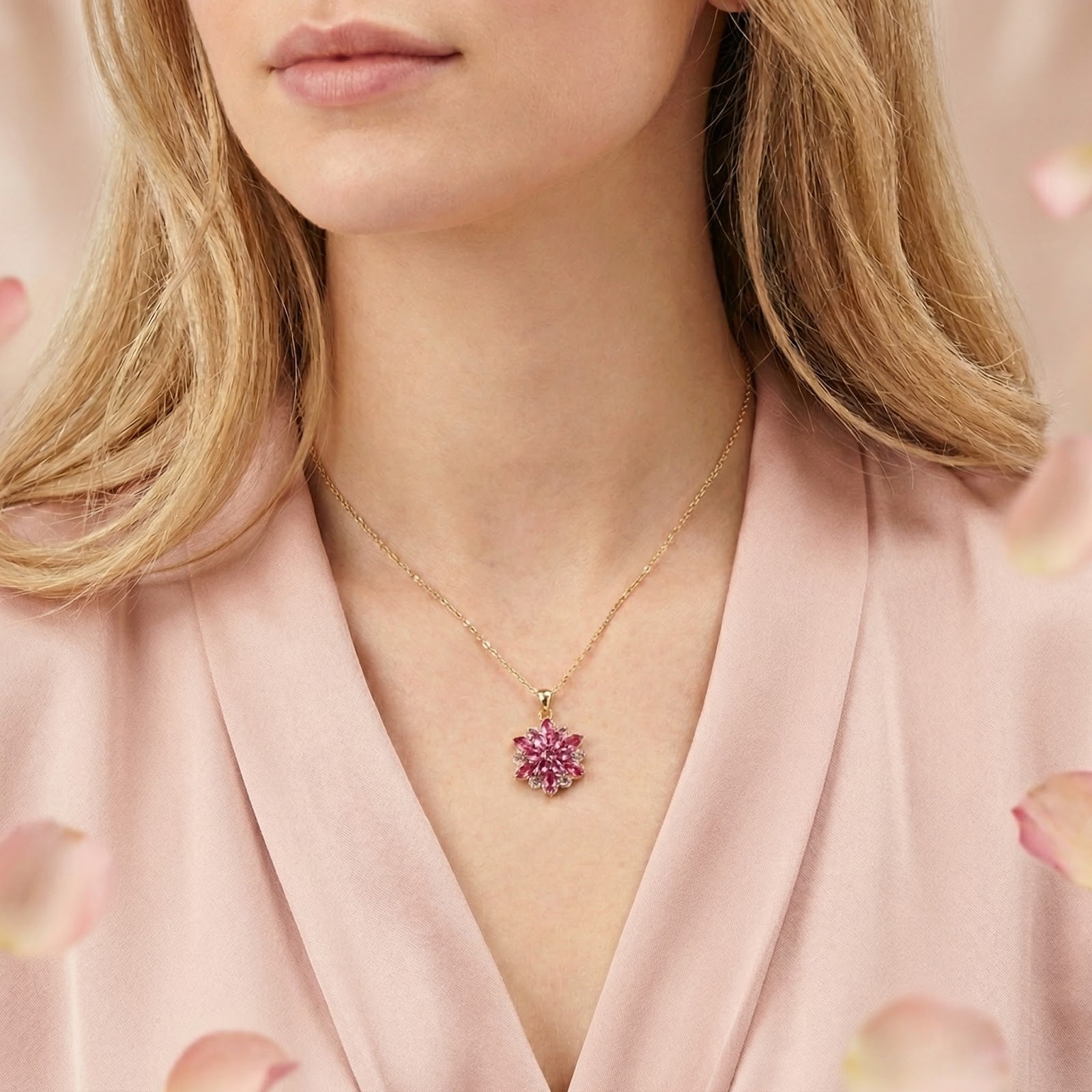Gold finish October birthstone necklace with pink floral pendant worn by a model against a soft pink background.