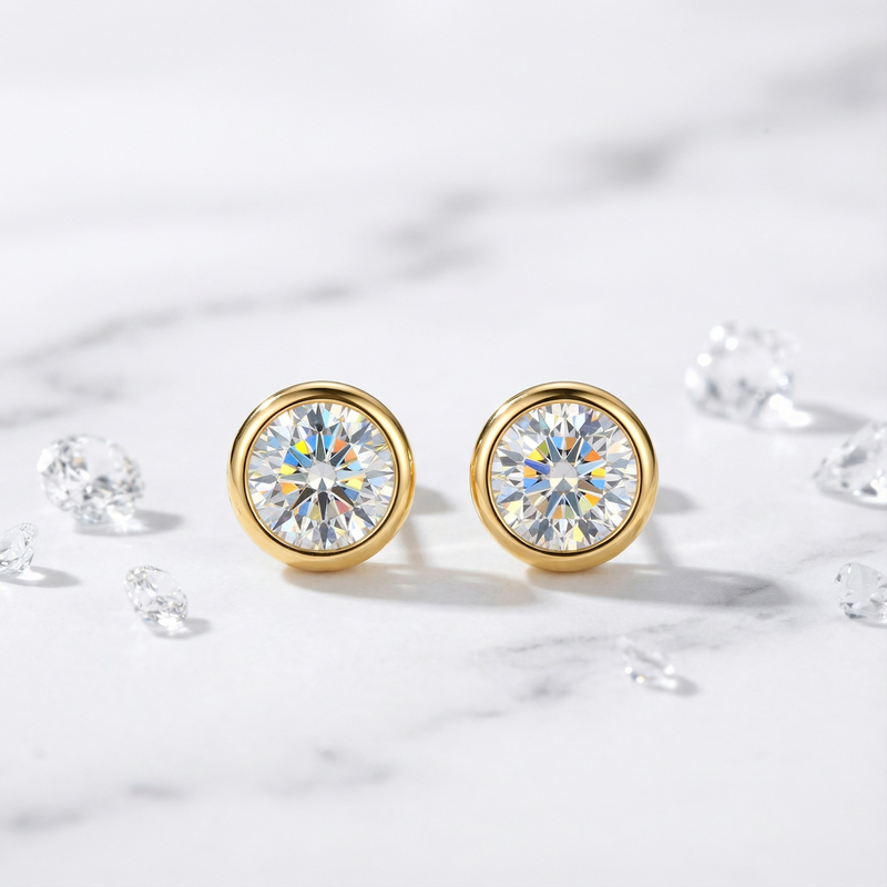 Front view of gold vermeil bezel stud earrings with round cut simulated diamonds on a marble background.