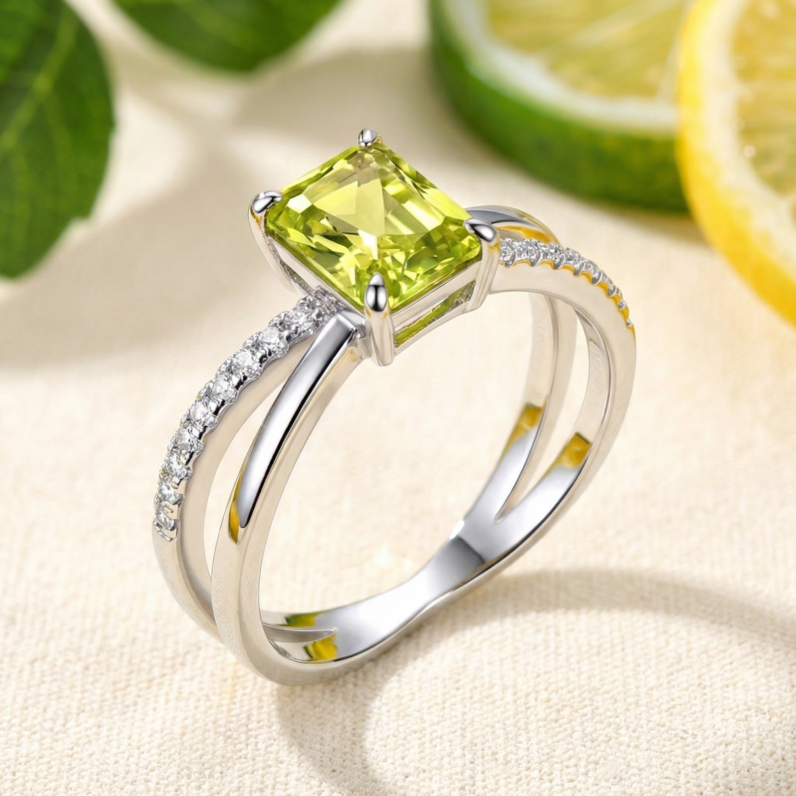 Angled view of the Aris radiant cut simulated peridot sterling silver ring with pavé criss-cross band.