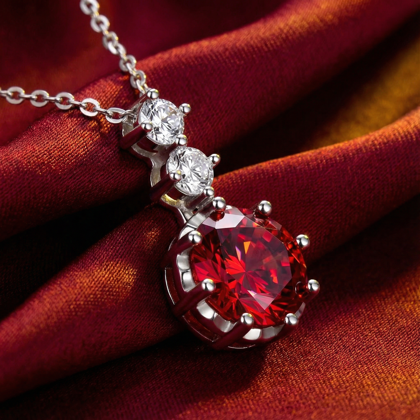 Round cut simulated ruby and clear accent stones on a sterling silver drop necklace over draped red silk.