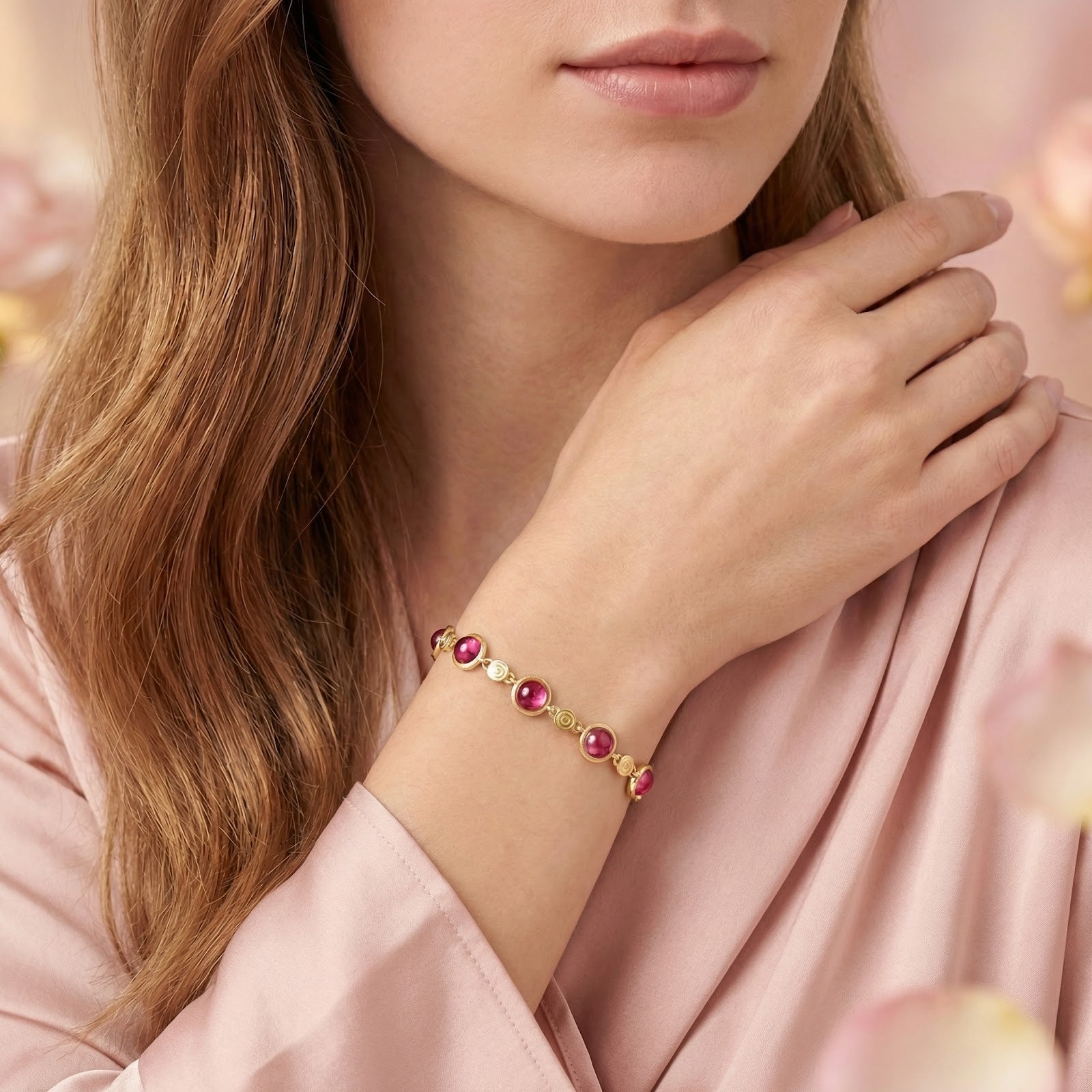 Woman's wrist wearing the 18K gold vermeil station bracelet with five raspberry pink tourmaline stones.