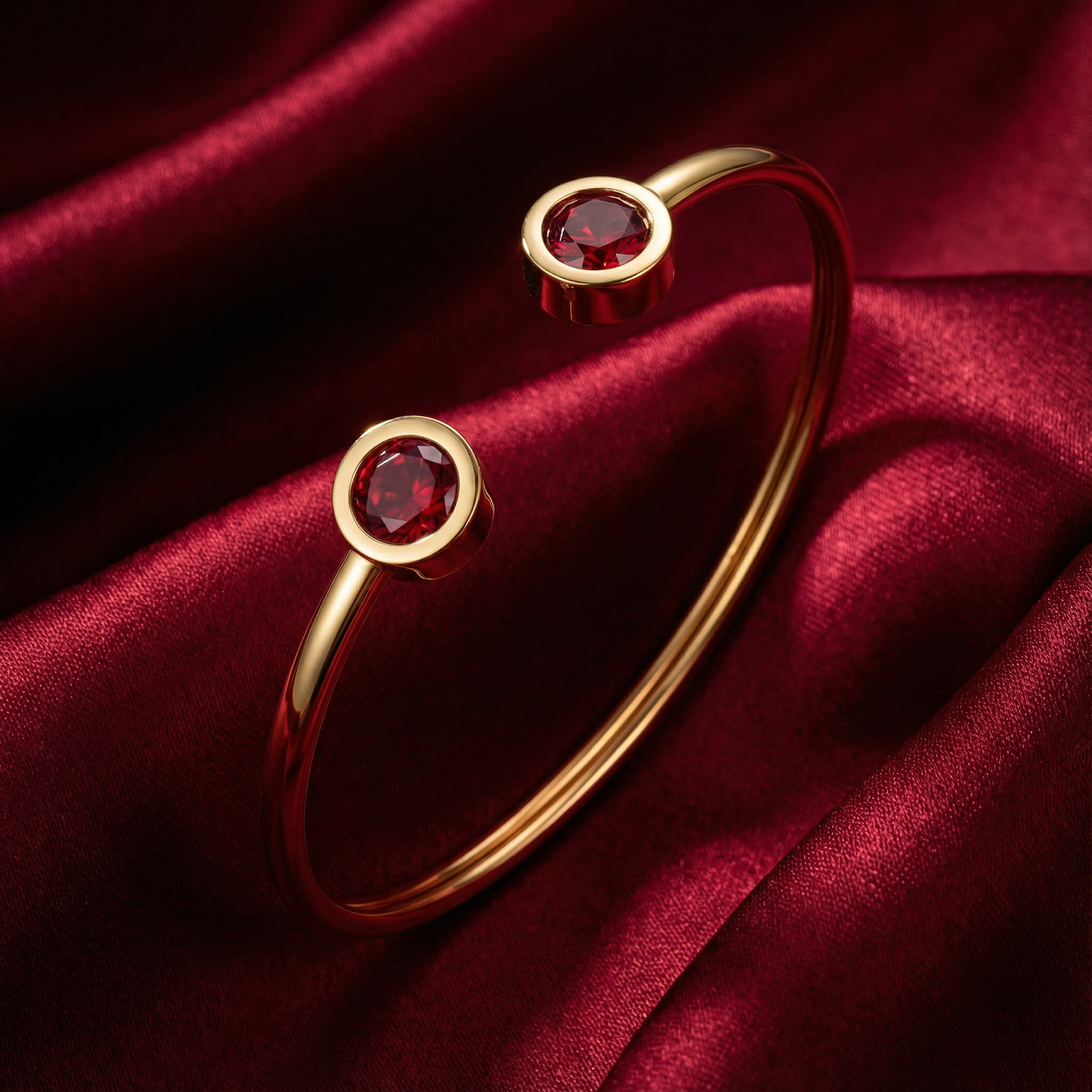 Gold stainless steel Selenis bangle featuring round cut red simulated rubies on red fabric.