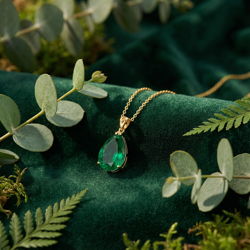 Gold vermeil necklace with a pear-shaped green emerald pendant displayed on green velvet among botanical leaves.