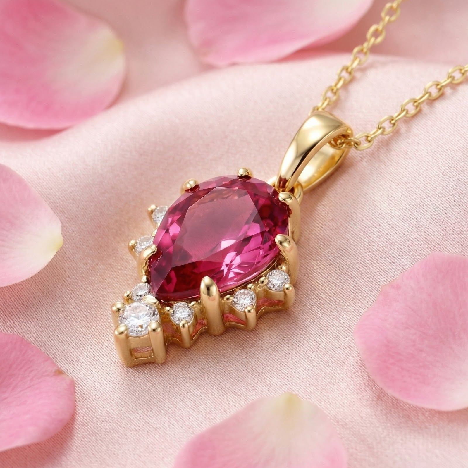 Pear-cut simulated pink tourmaline necklace in 18K gold vermeil on pink silk with rose petals.