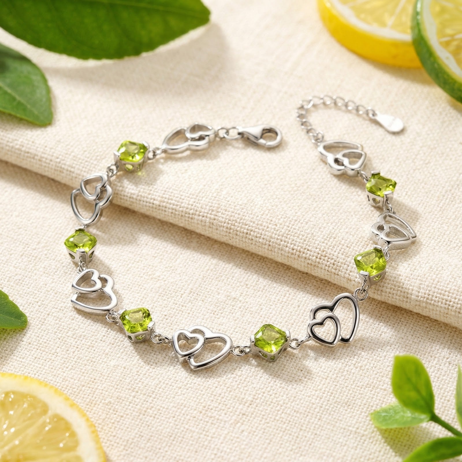 Sterling silver heart bracelet with square-cut simulated peridot stones on a textured surface with lemon accents.