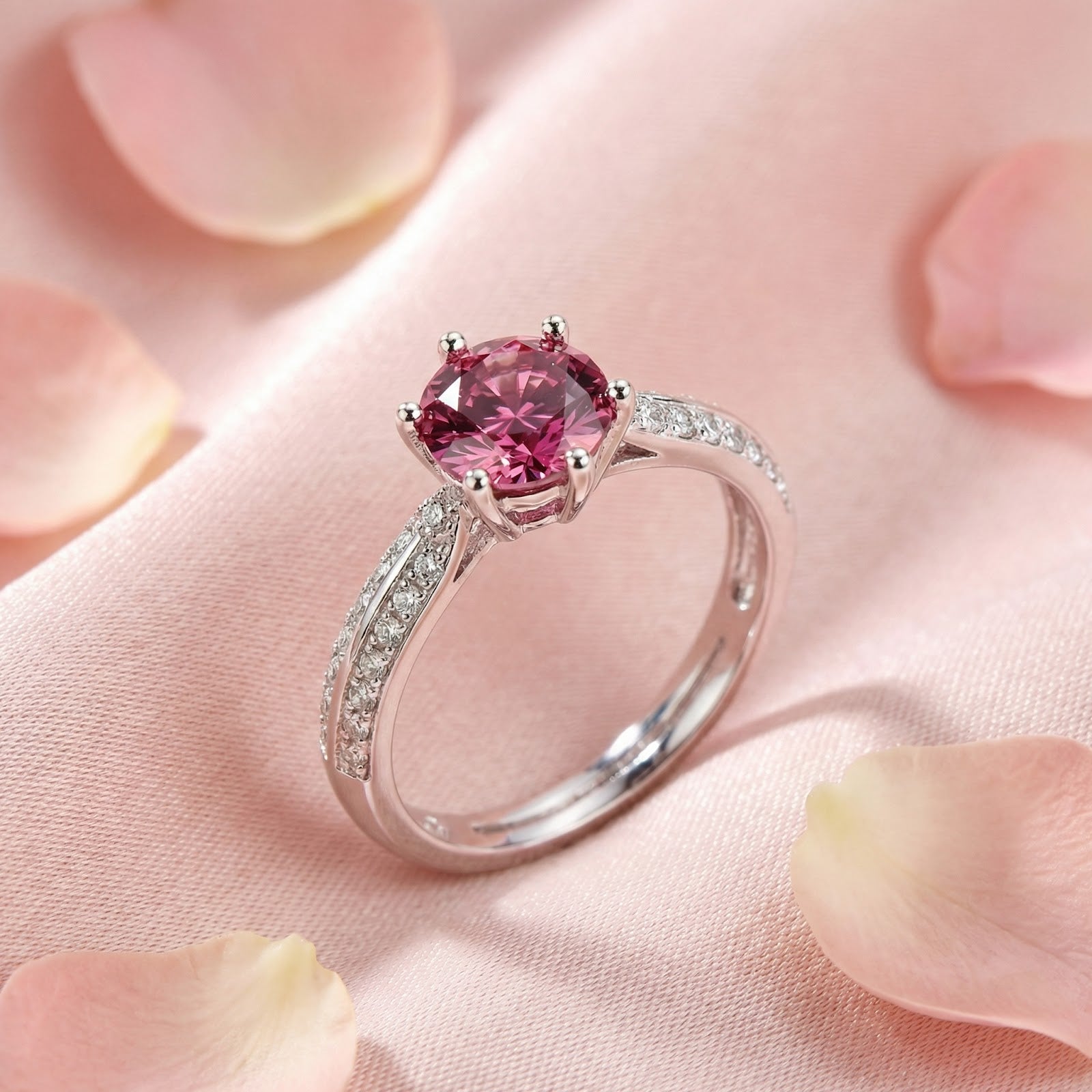 Rhosielle solitaire ring in S925 sterling silver with a round pink tourmaline on a pink petal background.