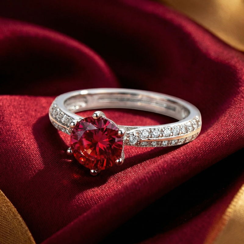 Side view of a round cut simulated ruby solitaire ring in 925 sterling silver resting on red satin.