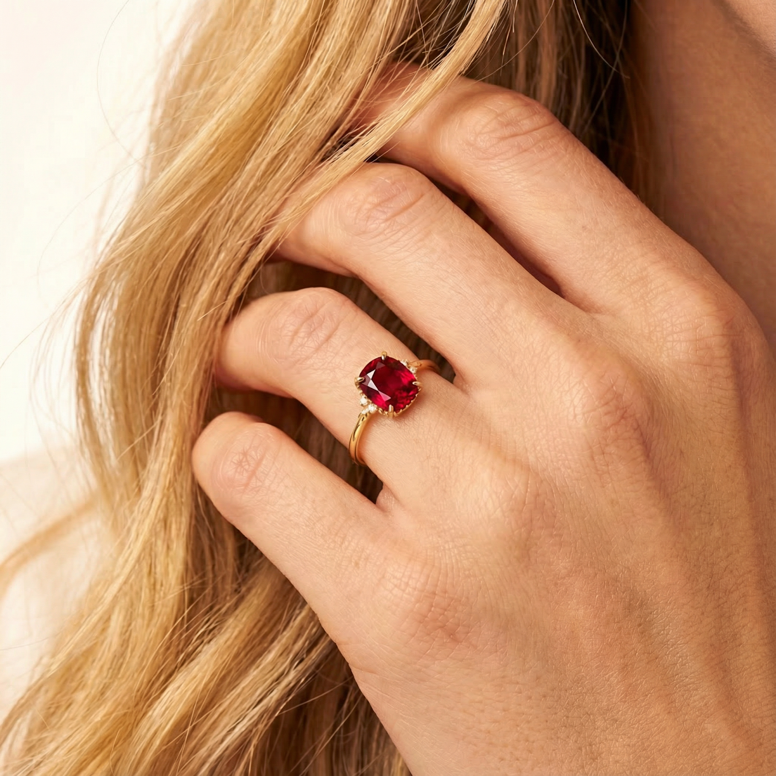 Model wearing the Ellyra cushion-cut simulated ruby ring in 18K gold vermeil.
