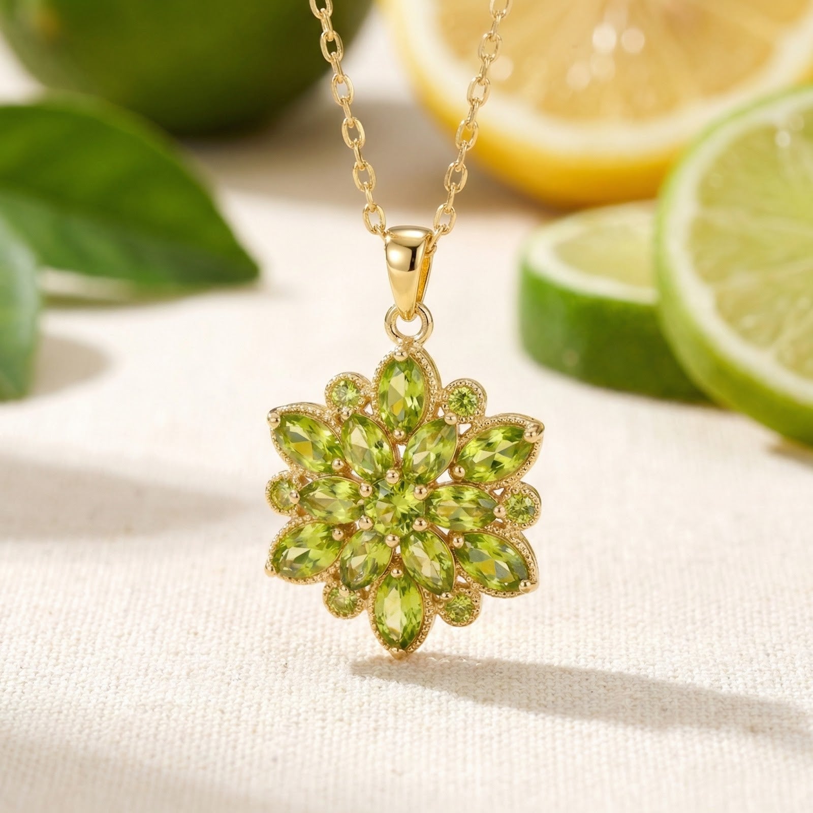 Gold stainless steel floral pendant necklace with marquise-cut simulated peridot stones in a citrus lifestyle setting.