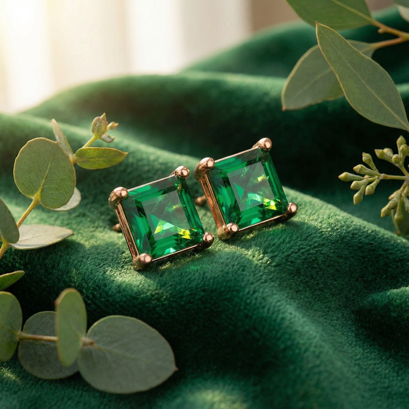Macro view of square-cut simulated emerald earrings in 18K rose gold vermeil settings on green velvet.