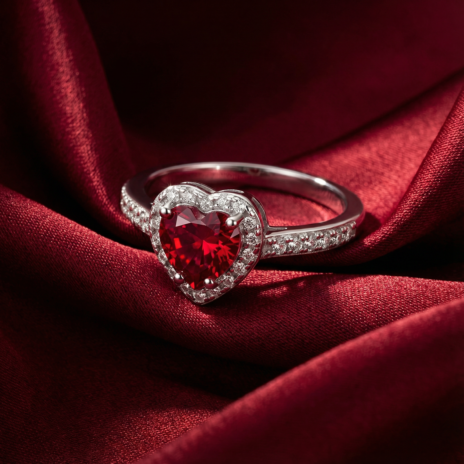 Angled view of the Valerissa heart-shaped simulated ruby ring in sterling silver on red satin.