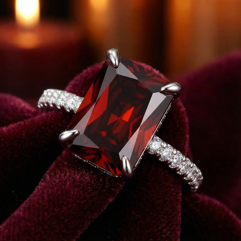 Macro detail of the radiant cut red garnet and four-prong sterling silver setting.