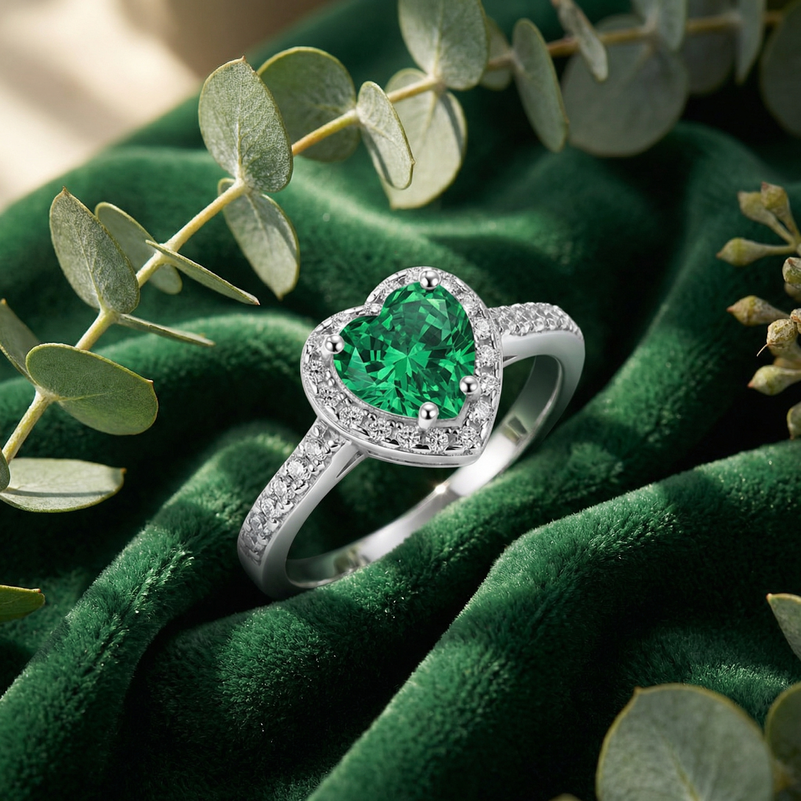 Heart-cut simulated emerald ring in S925 sterling silver resting on green velvet with eucalyptus leaves.