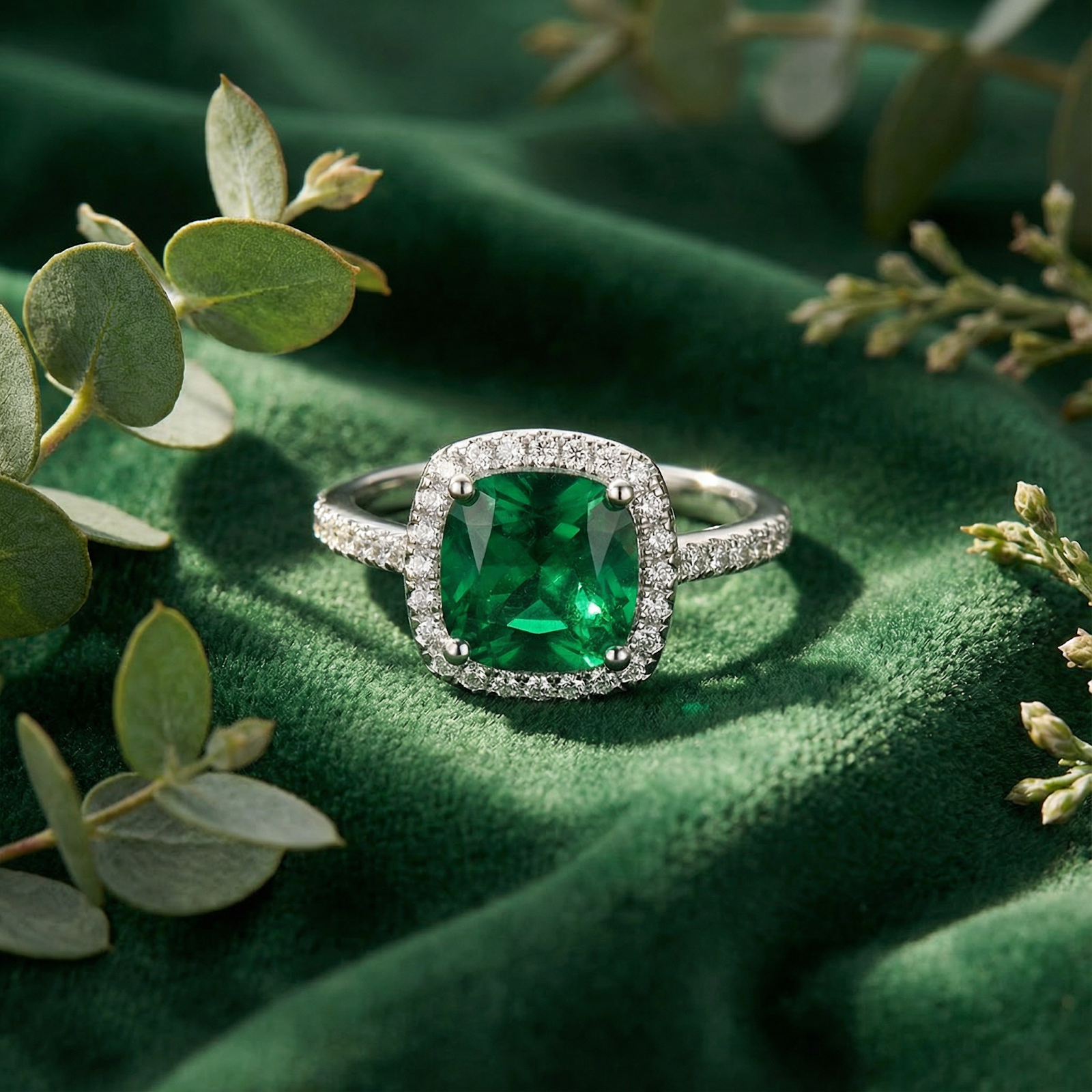 Macro shot of a cushion-cut simulated emerald halo ring in sterling silver resting on green velvet fabric.