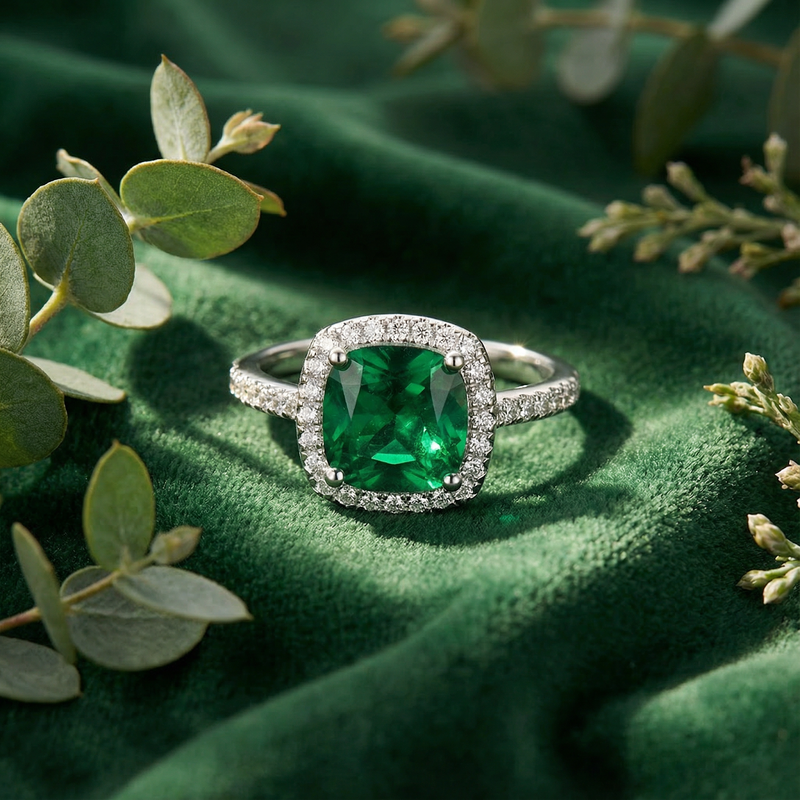 Macro shot of a cushion-cut simulated emerald halo ring in sterling silver resting on green velvet fabric.