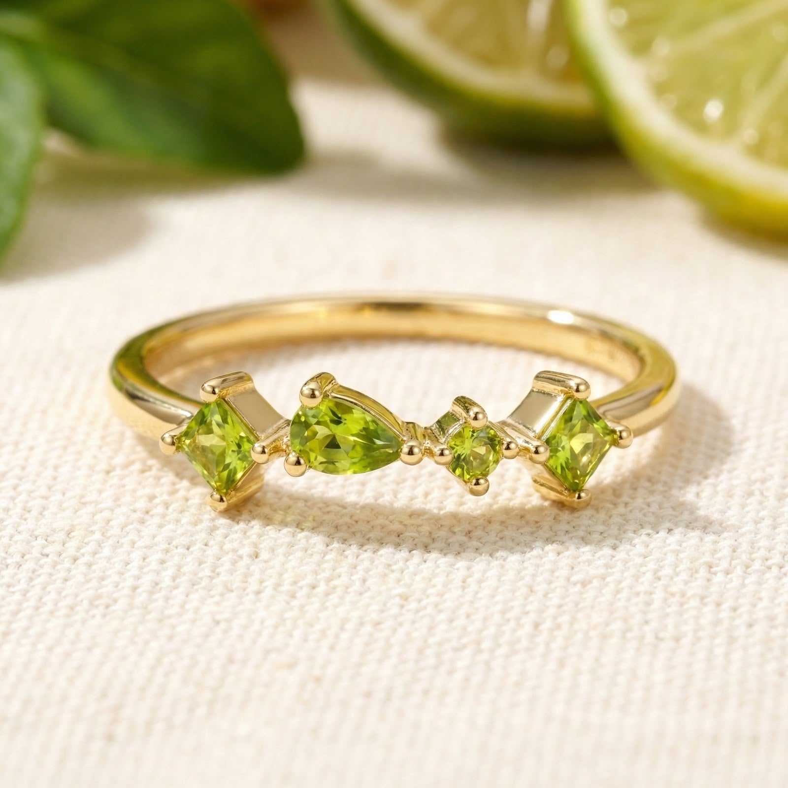 Close-up of The Valerise Row ring featuring lime-green simulated peridots in square and pear shapes on a gold band.