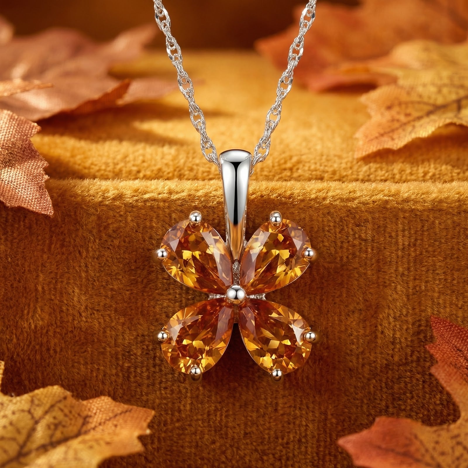 S925 sterling silver floral pendant with pear-cut simulated topaz stones on a chain, styled with autumn leaves.