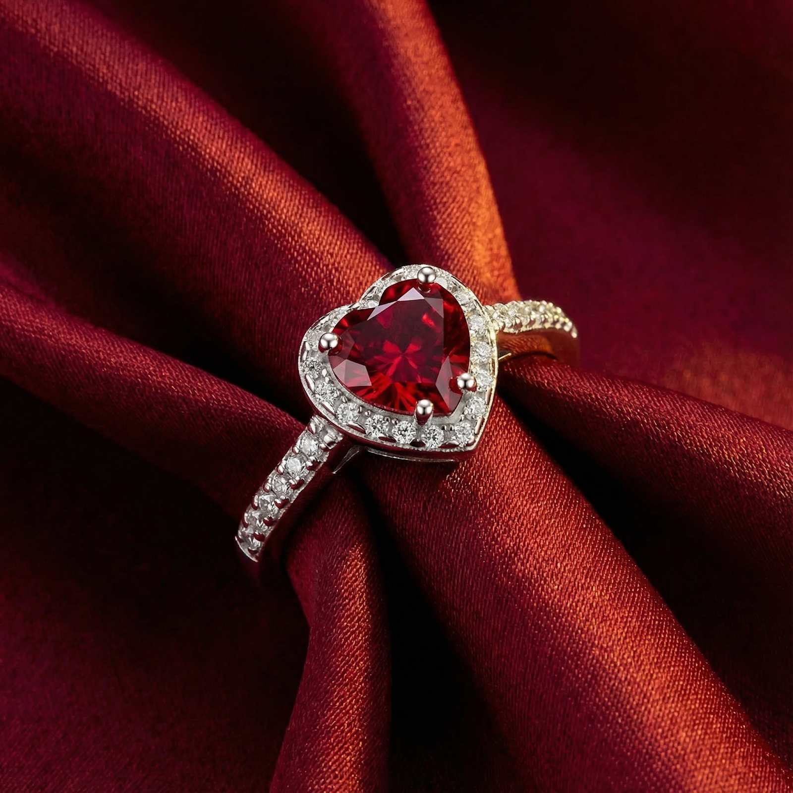 Top view of the heart-shaped simulated ruby ring in S925 sterling silver with a halo on red silk.