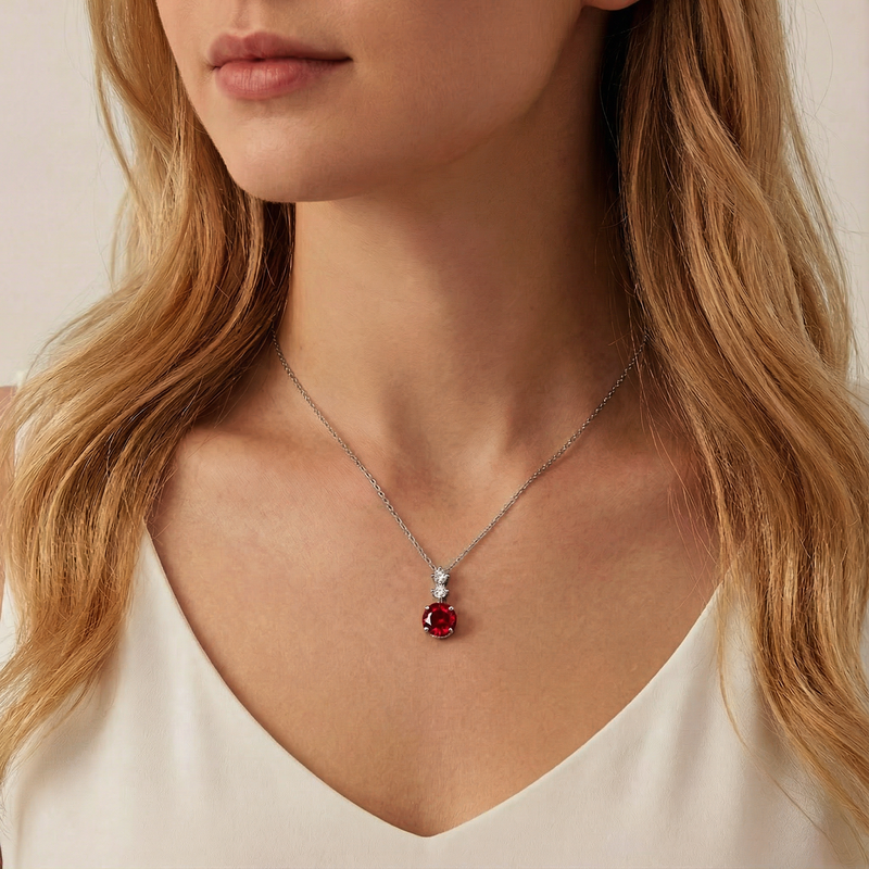 July birthstone simulated ruby pendant necklace in sterling silver shown on a model's neck.