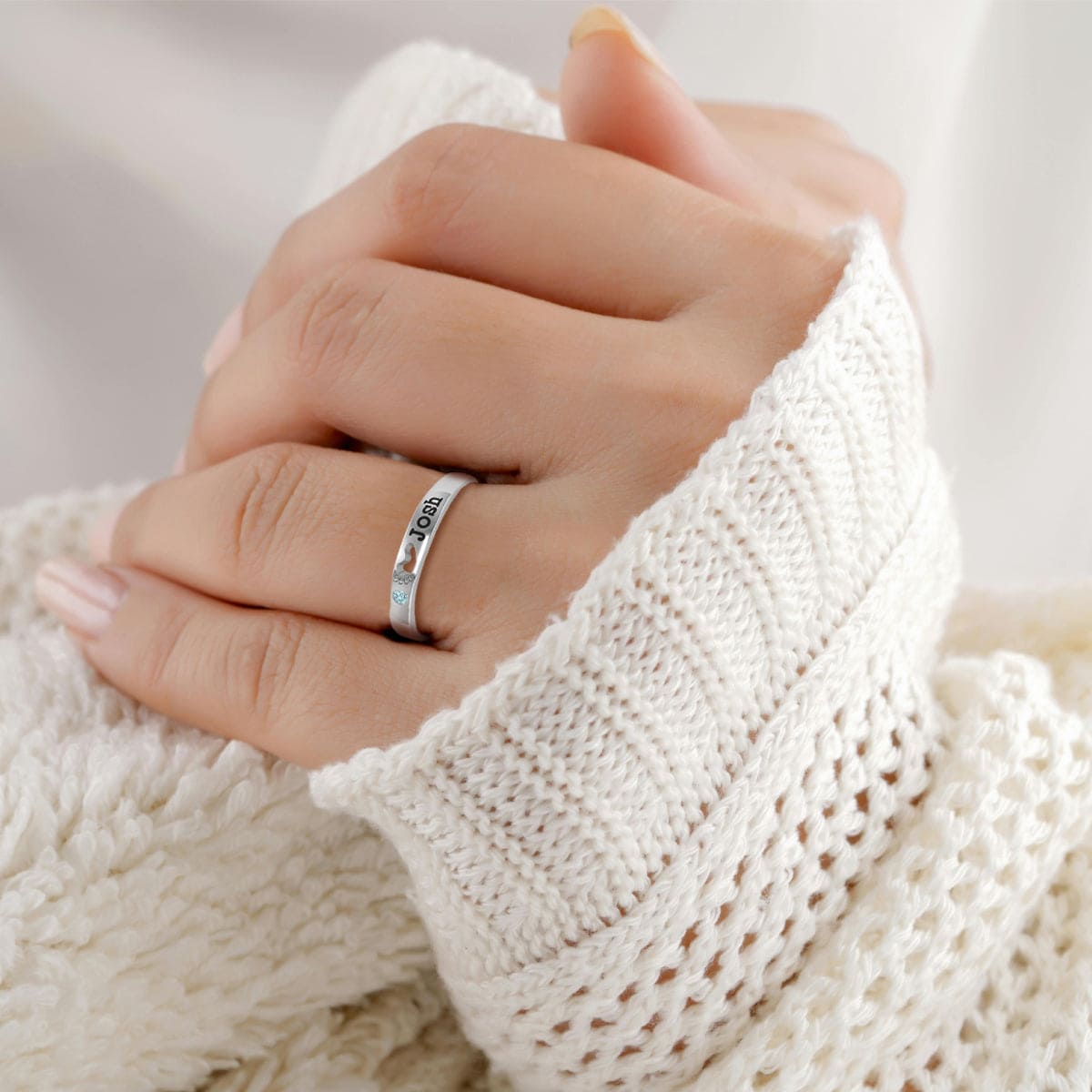 Personalized Round Brilliant Cut Birthstone Name Ring - S925 Sterling Silver