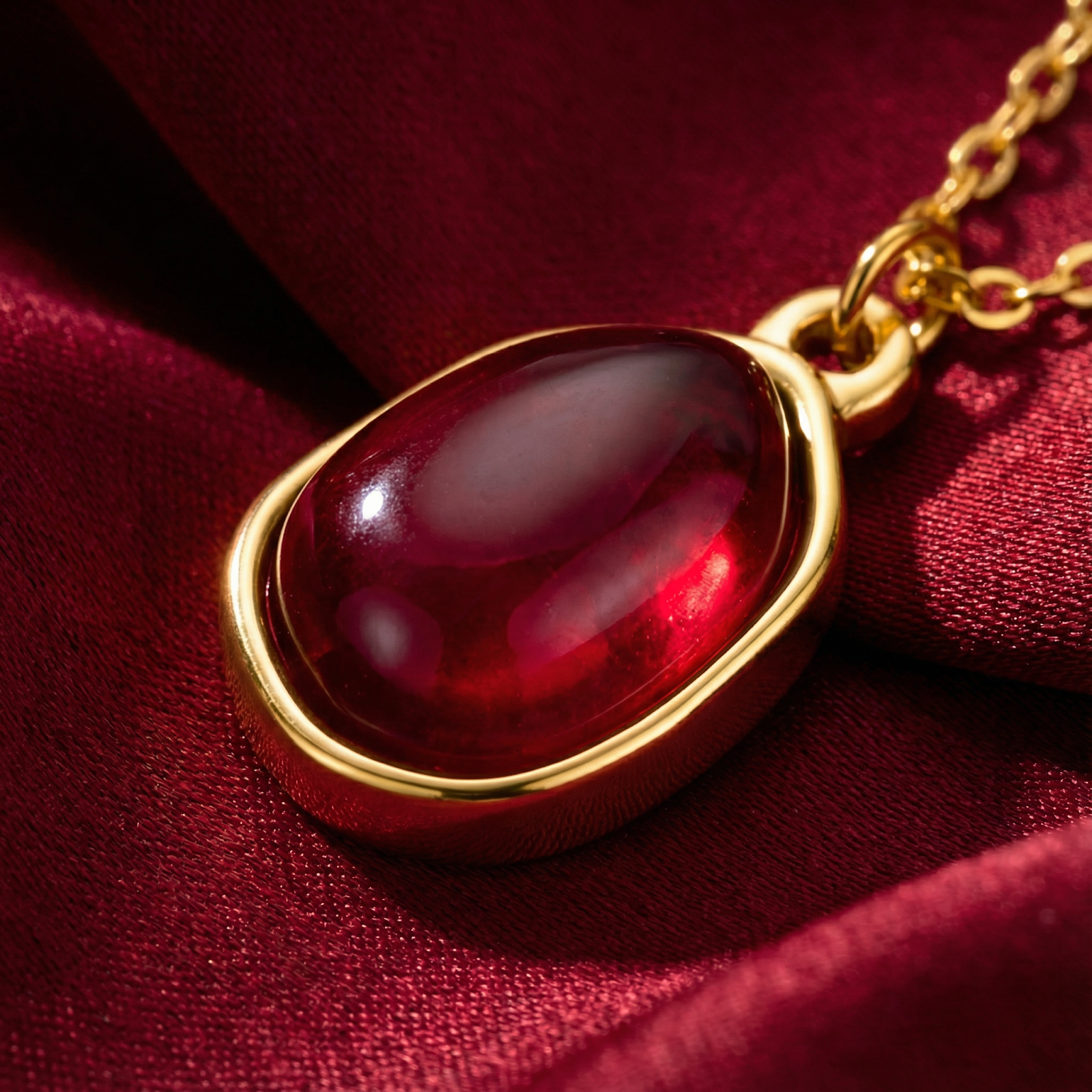 Macro detail of a red simulated ruby teardrop pendant in a gold-toned stainless steel setting.